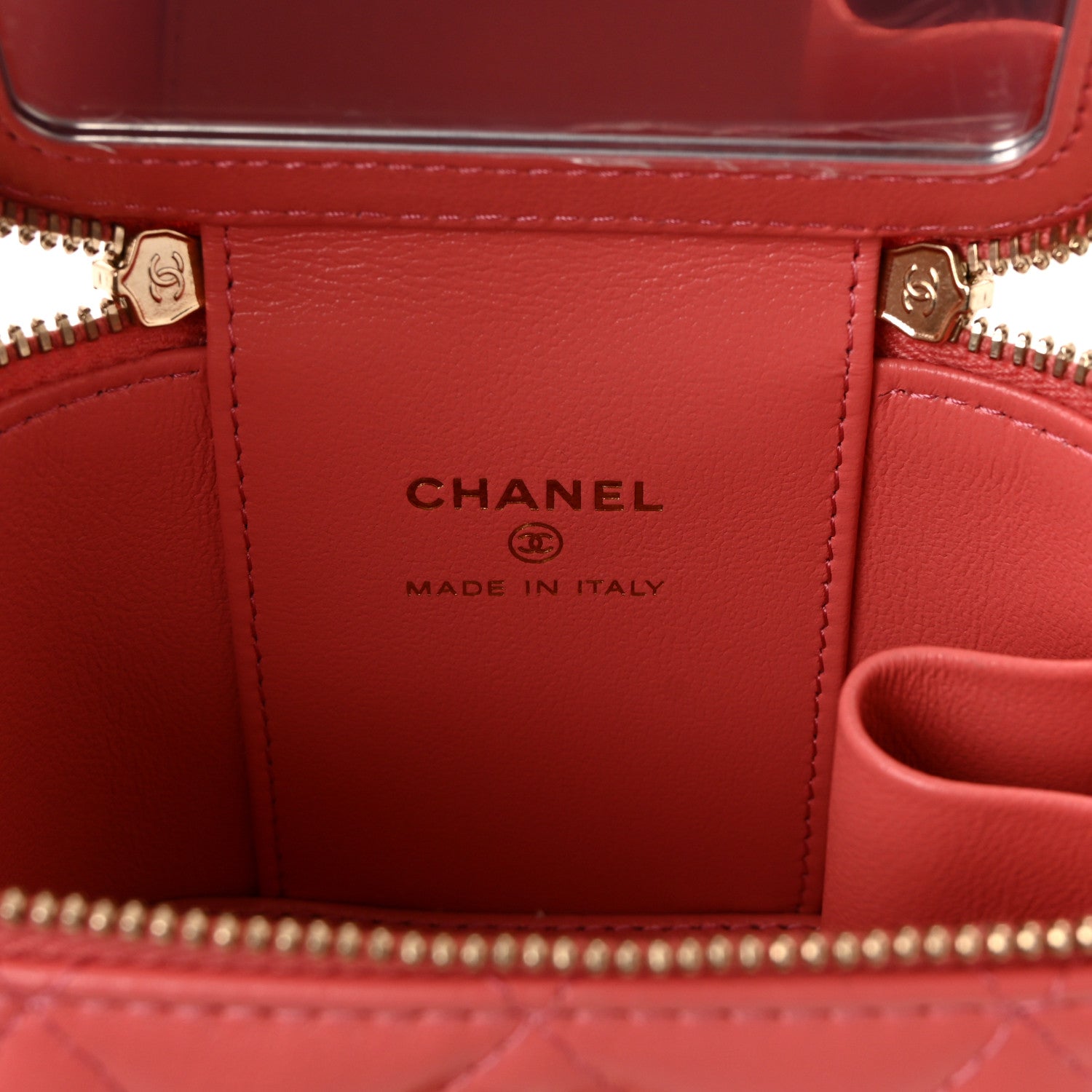 Lambskin Quilted Crystal Top Handle Mini Vanity Case With Chain Coral