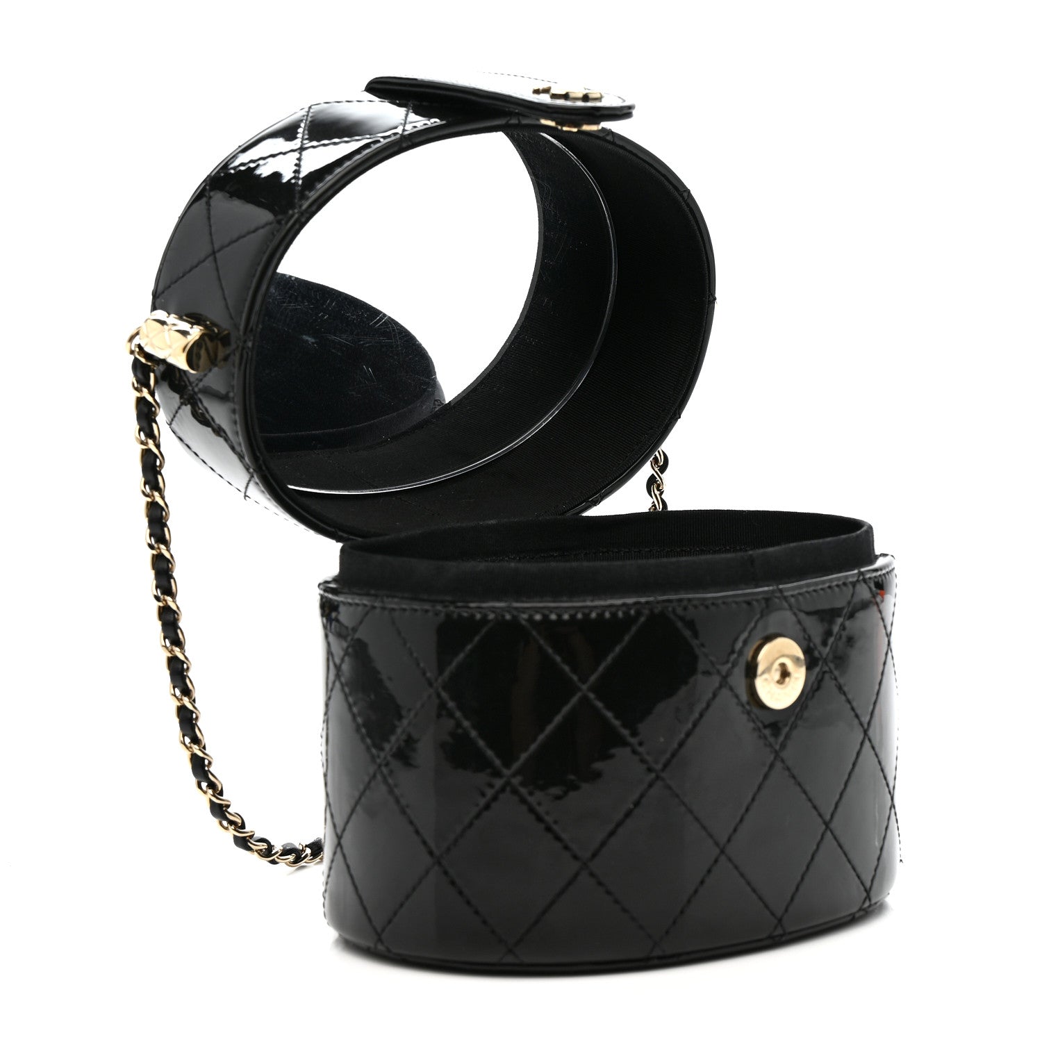 Patent Quilted Round Clutch With Chain Black