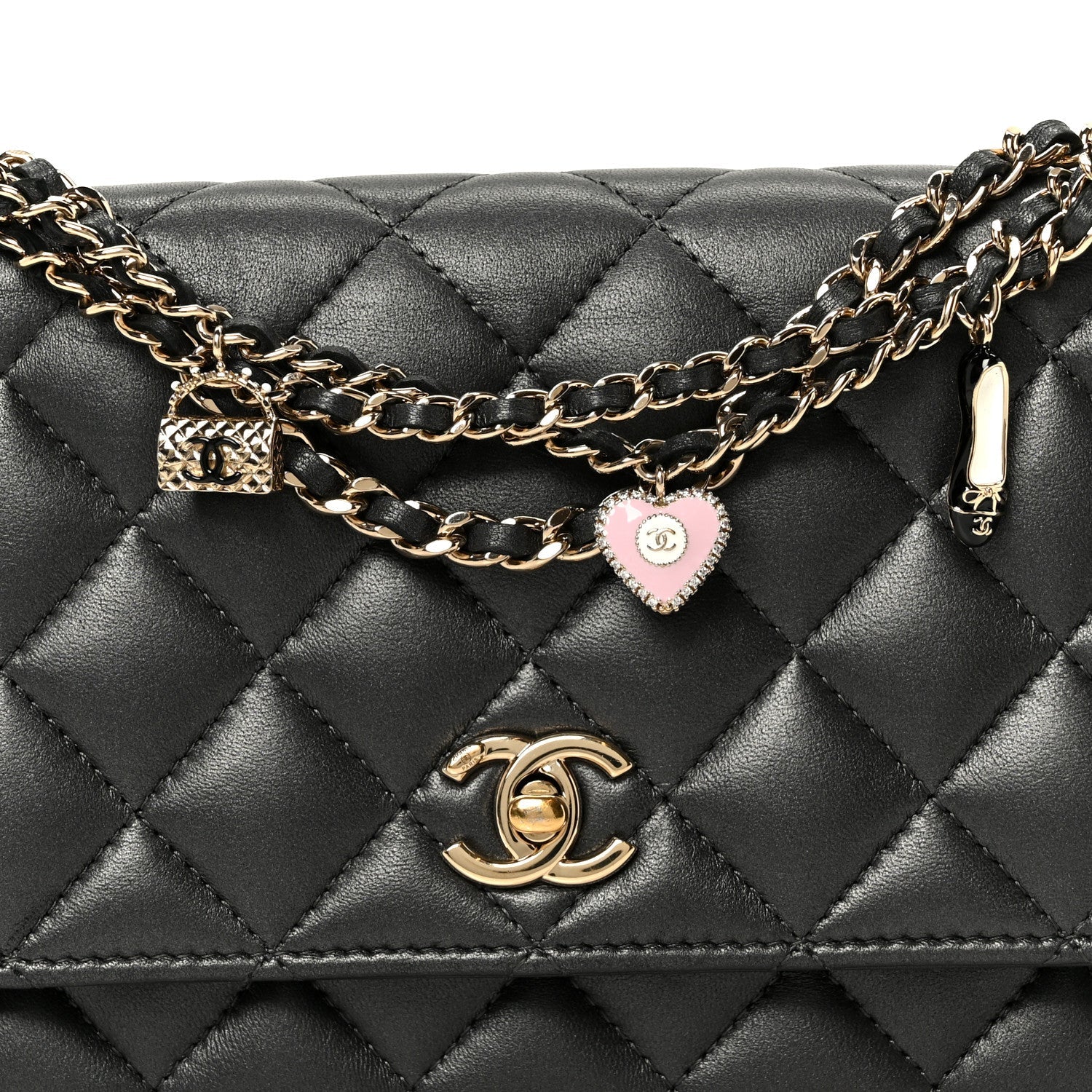 Pearly Lambskin Quilted Charms Wallet On Chain WOC Black
