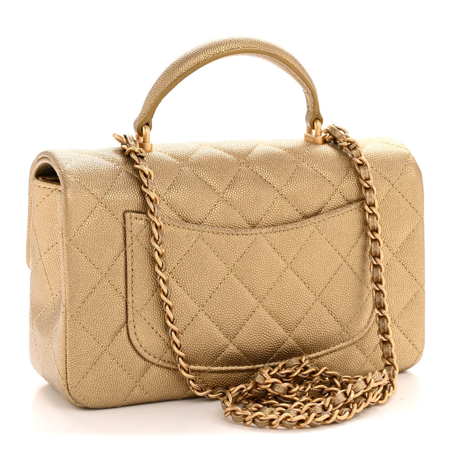 Metallic Caviar Quilted Mini Top Handle Rectangular Flap Gold