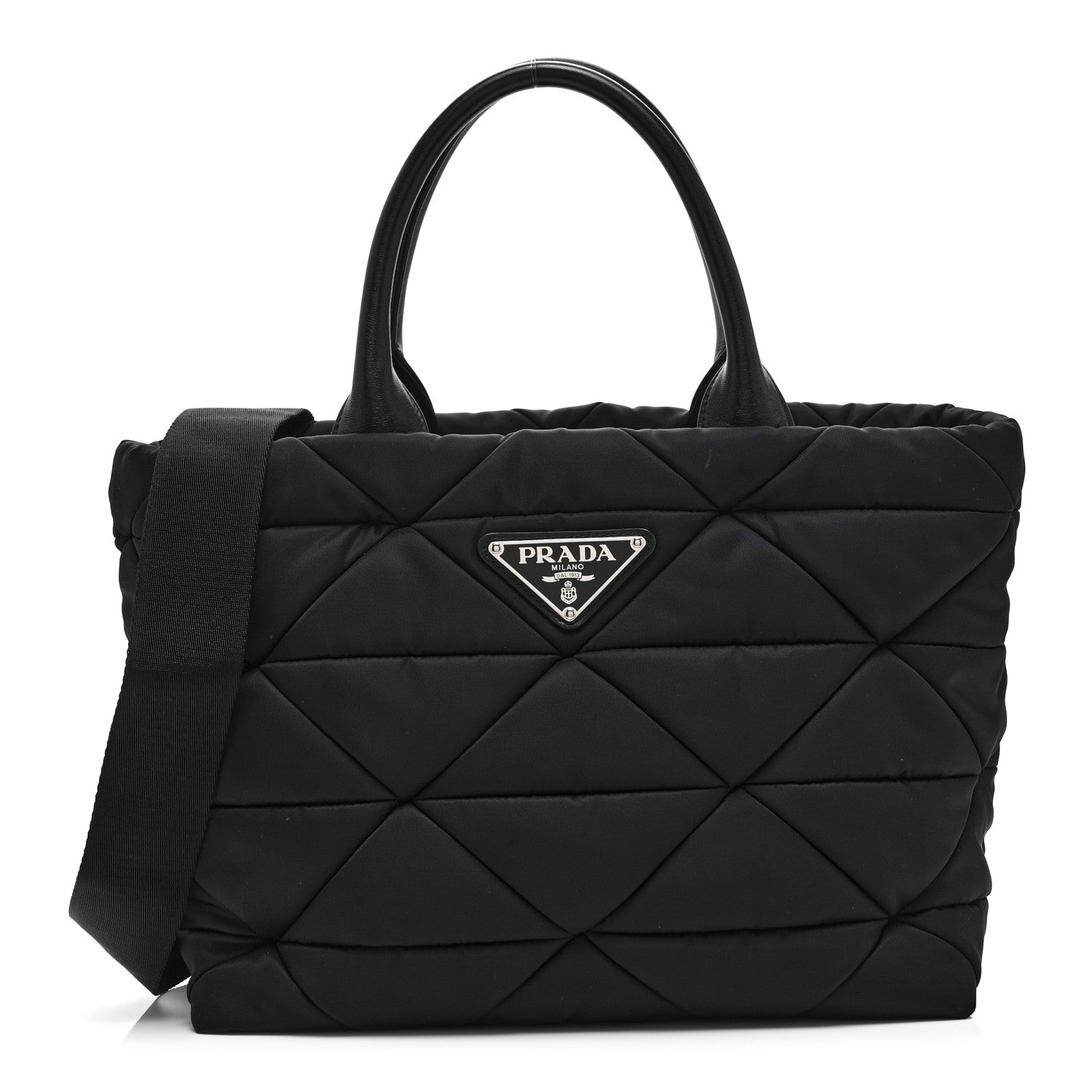 Re-Nylon Nappa Triangle Quilted Padded Small Double Handled Zip Tote Black