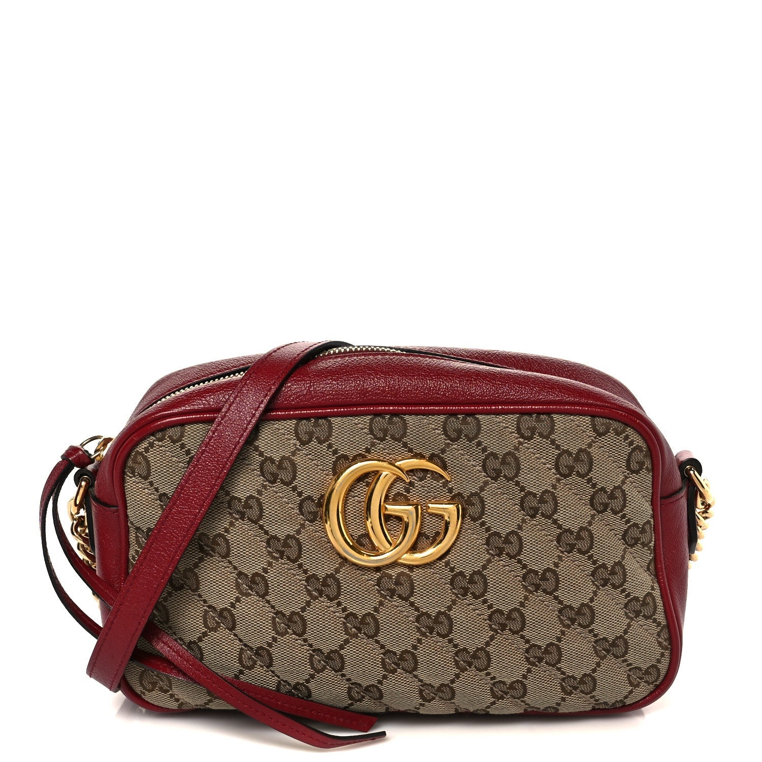 Monogram Azalea Calfskin Matelasse Diagonal Small GG Marmont Chain Shoulder Bag Beige Ebony New Cherry Red