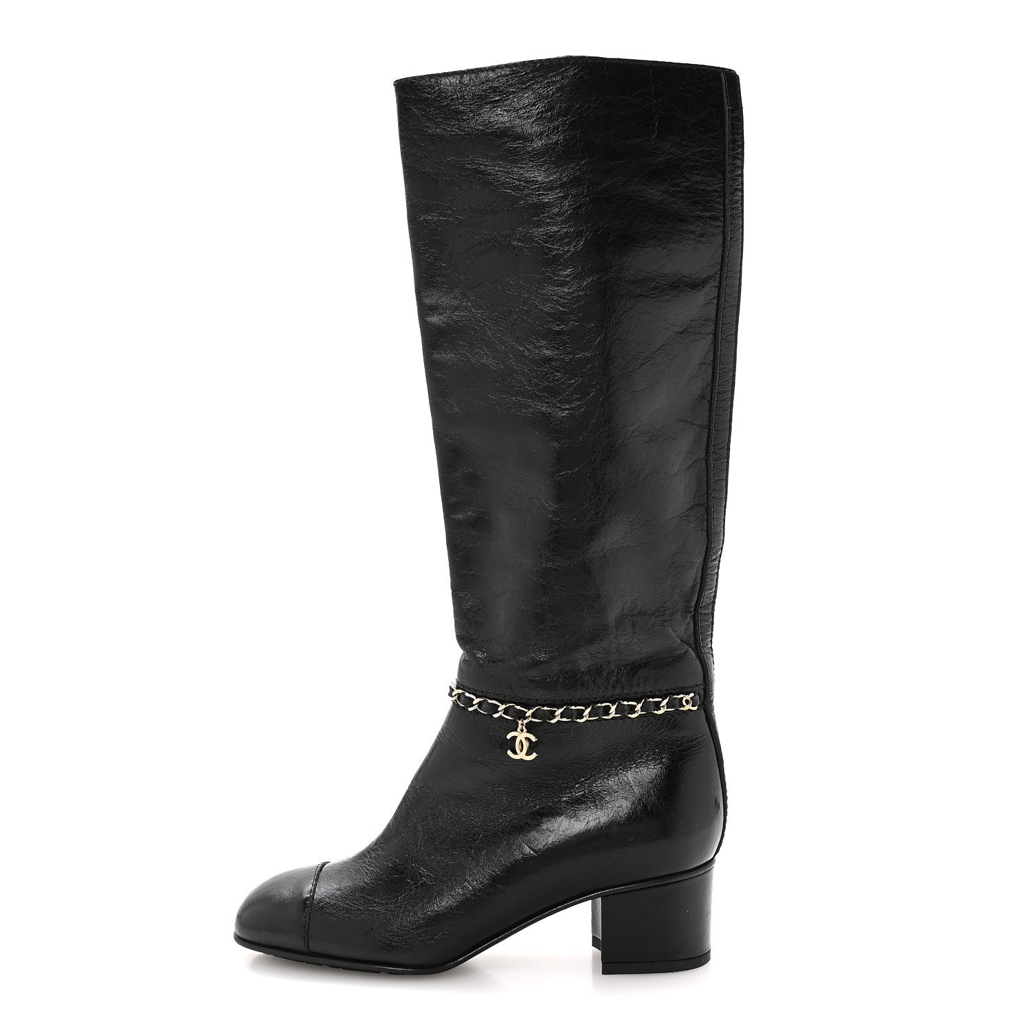 Crumpled Calfskin Cap Toe Chain Boots 36 Black