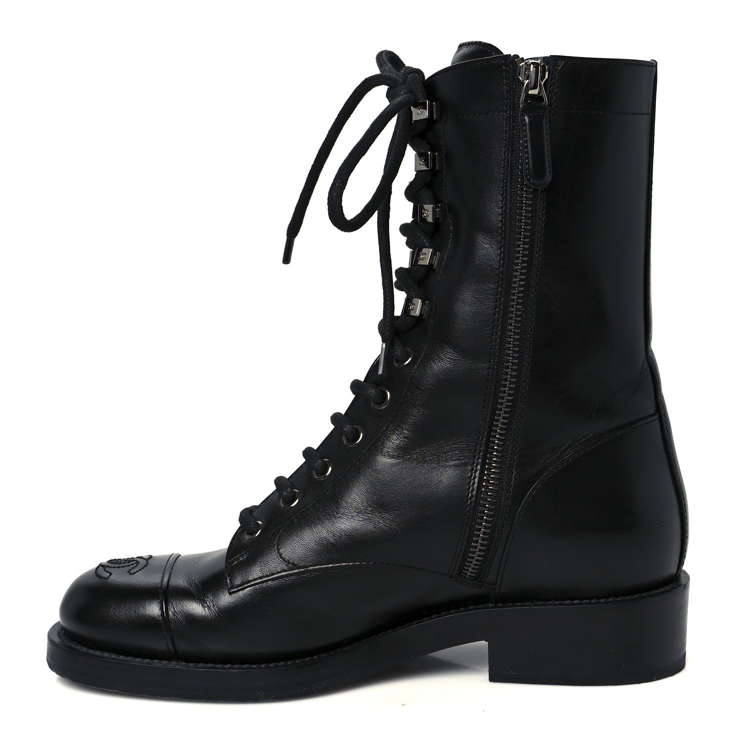 Calfskin Lace Up Combat Boots 38 Black