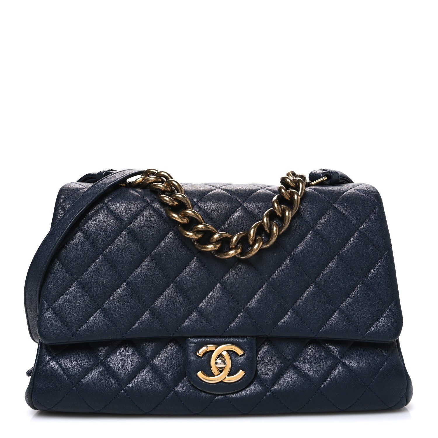 Shiny Sheepskin Quilted Large Trapezio Flap Navy