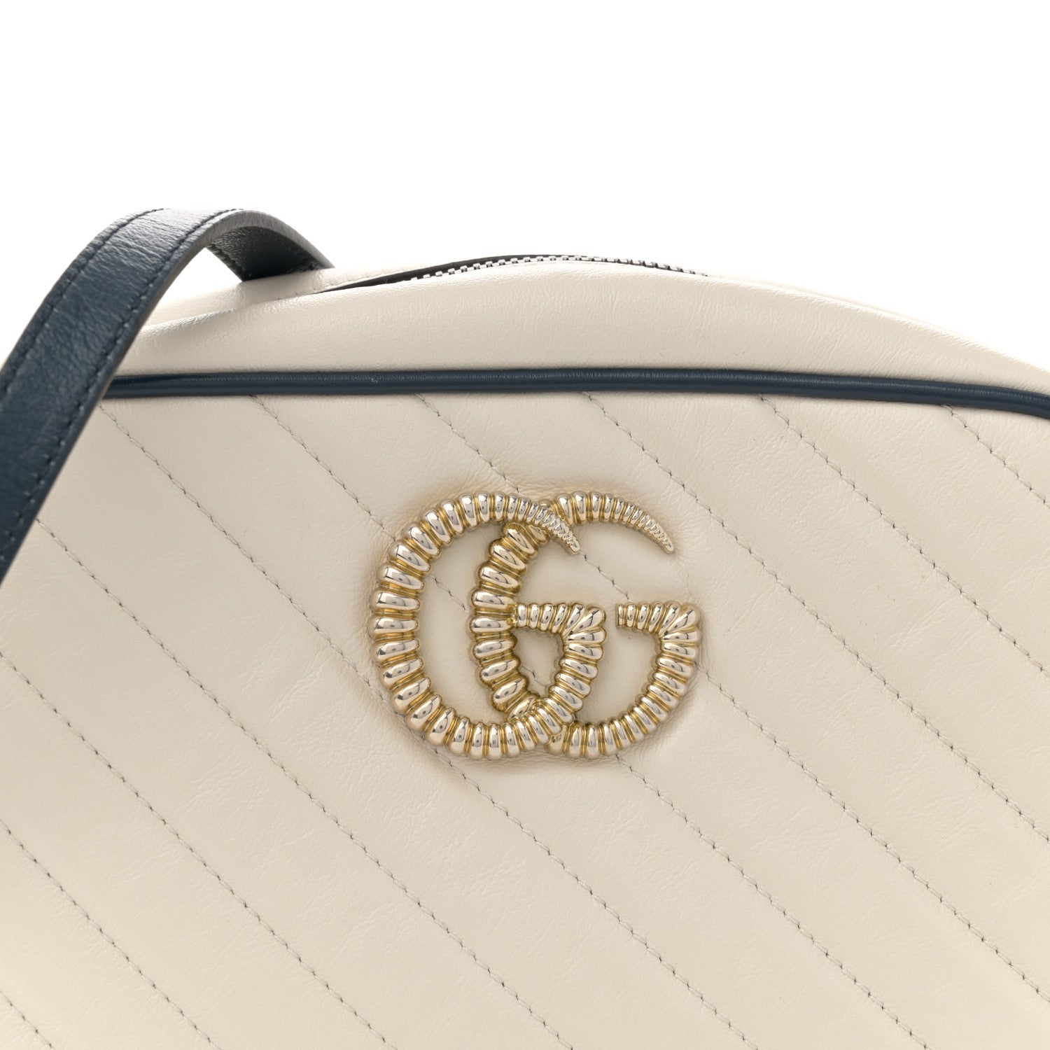 Vintage Effect Calfskin Matelasse Diagonal Small Torchon GG Marmont Chain Shoulder Bag Mystic White Blue Agata