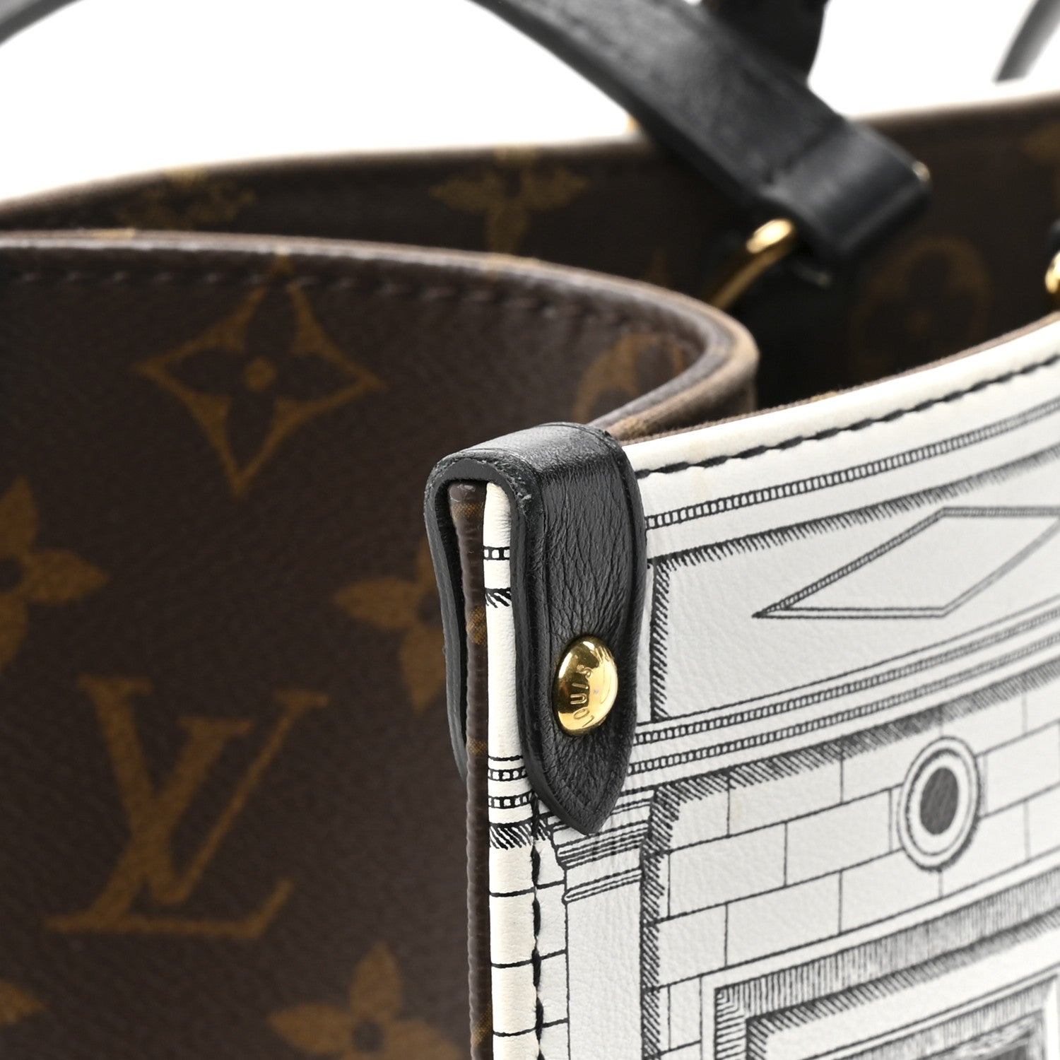 X FORNASETTI Calfskin Architettura Onthego MM Black White