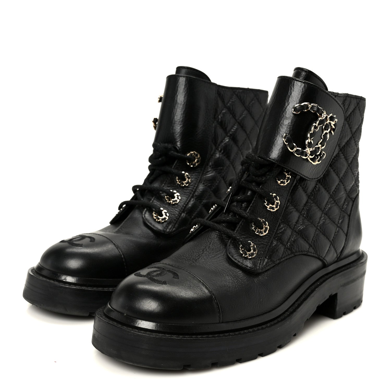 Shiny Goatskin Calfskin Quilted Lace Up Combat Boots 37.5 Black