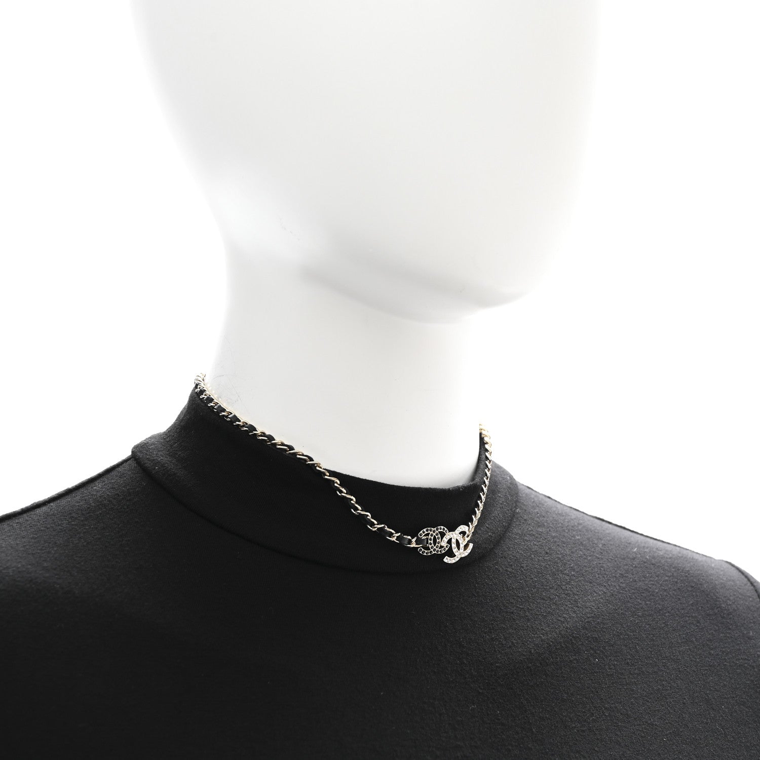 Lambskin Crystal CC Chain Choker Necklace Black Gold