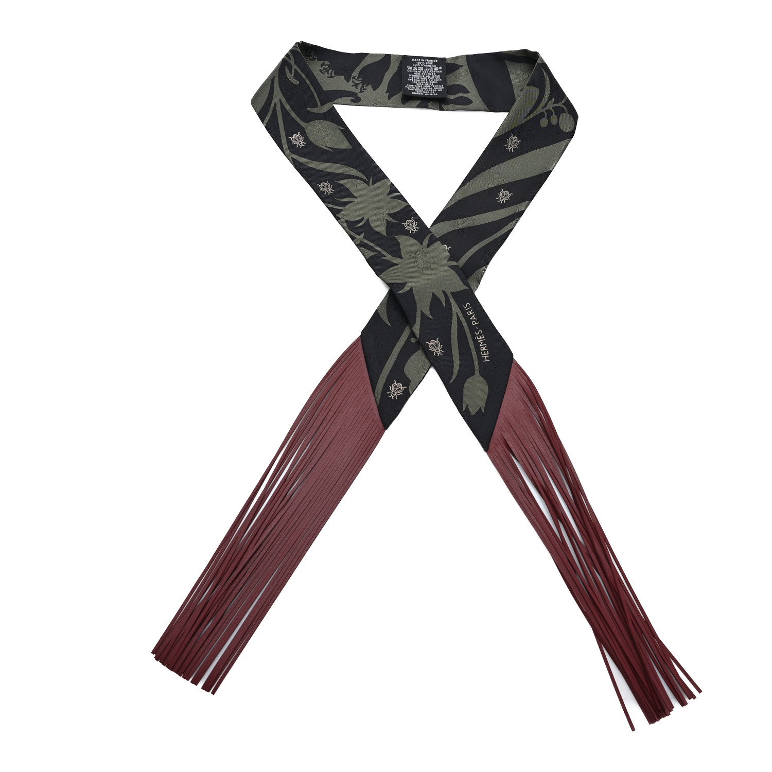 Silk Calfskin Bouquet Final Fringed Twilly Vert Loden Black