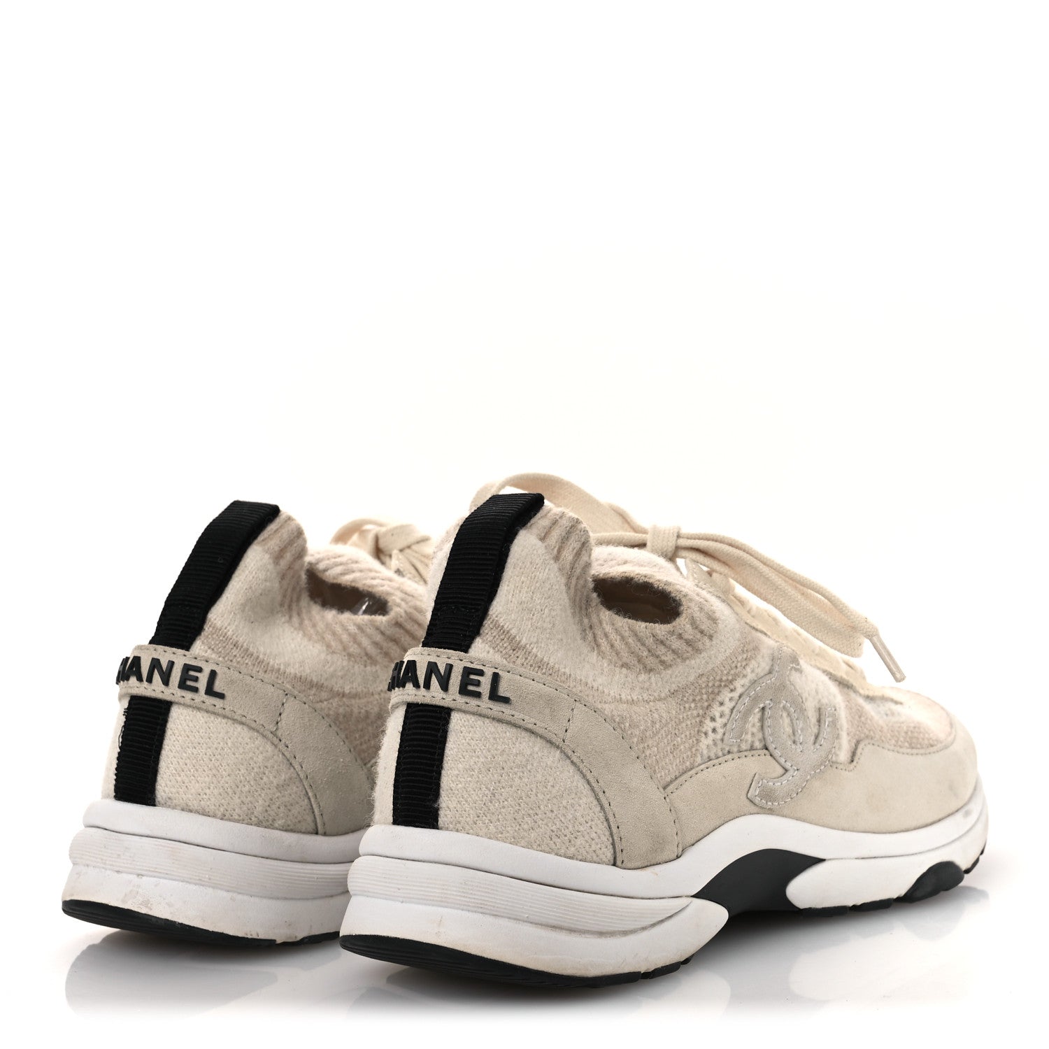 Knit Fabric Suede Calfskin Womens CC Sneakers 38.5 Ivory