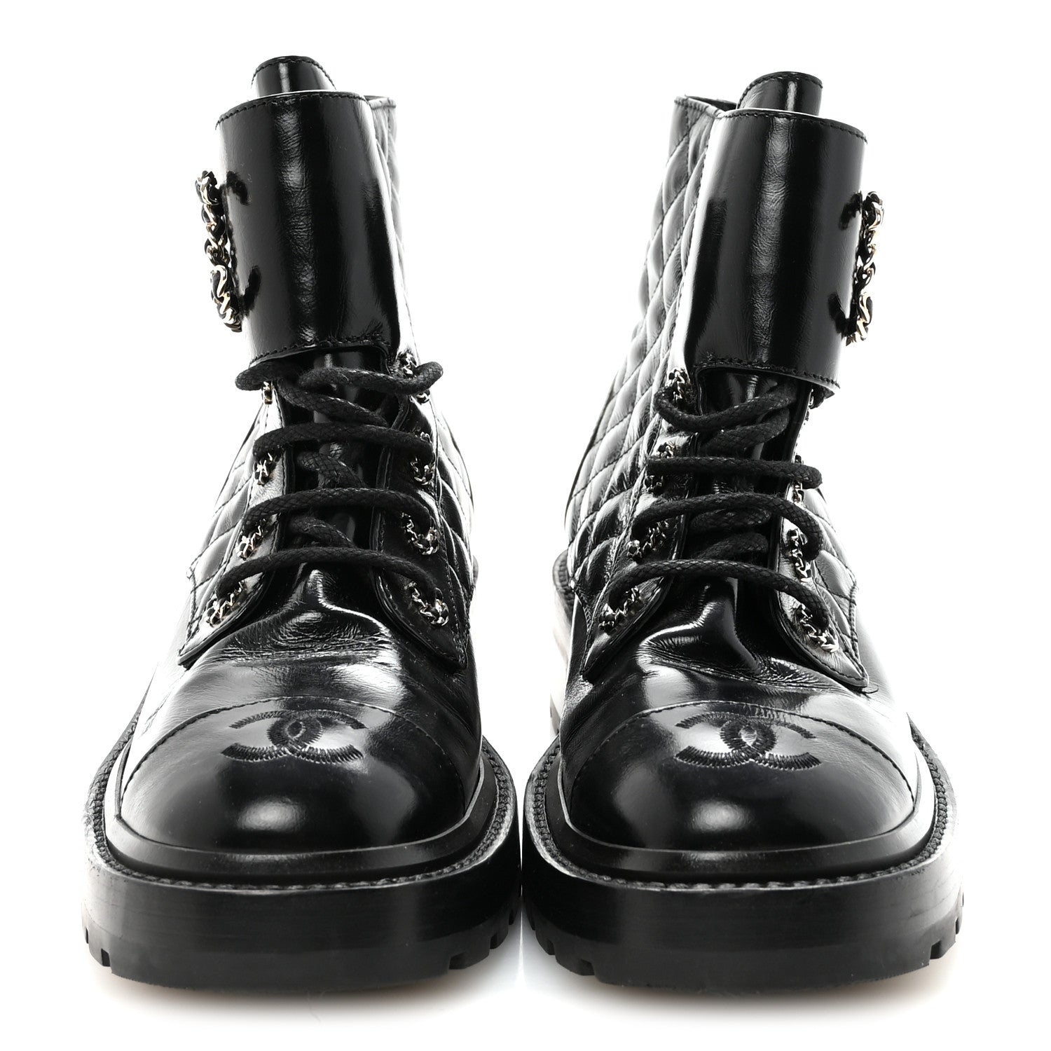 Shiny Calfskin Quilted Lace Up Combat Boots 37.5 Black