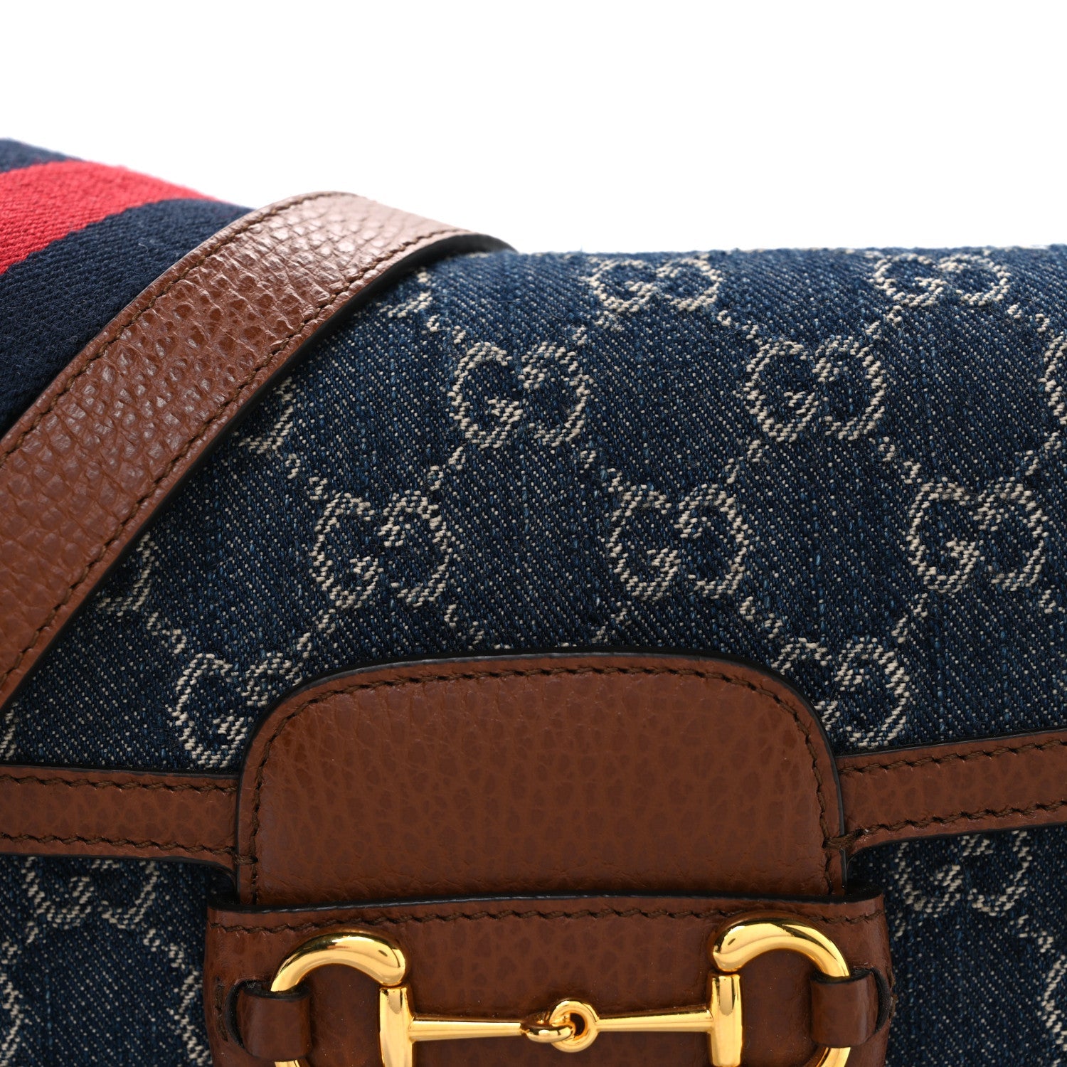 New Denim GG Monogram Dollar Calfskin Web Mini Horsebit 1955 Shoulder Bag Blue Tea Cuir Epilog