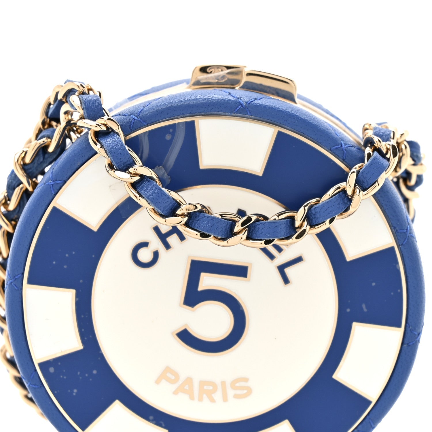 Lambskin Enamel Quilted Round Poker Chip Clutch With Chain Blue White