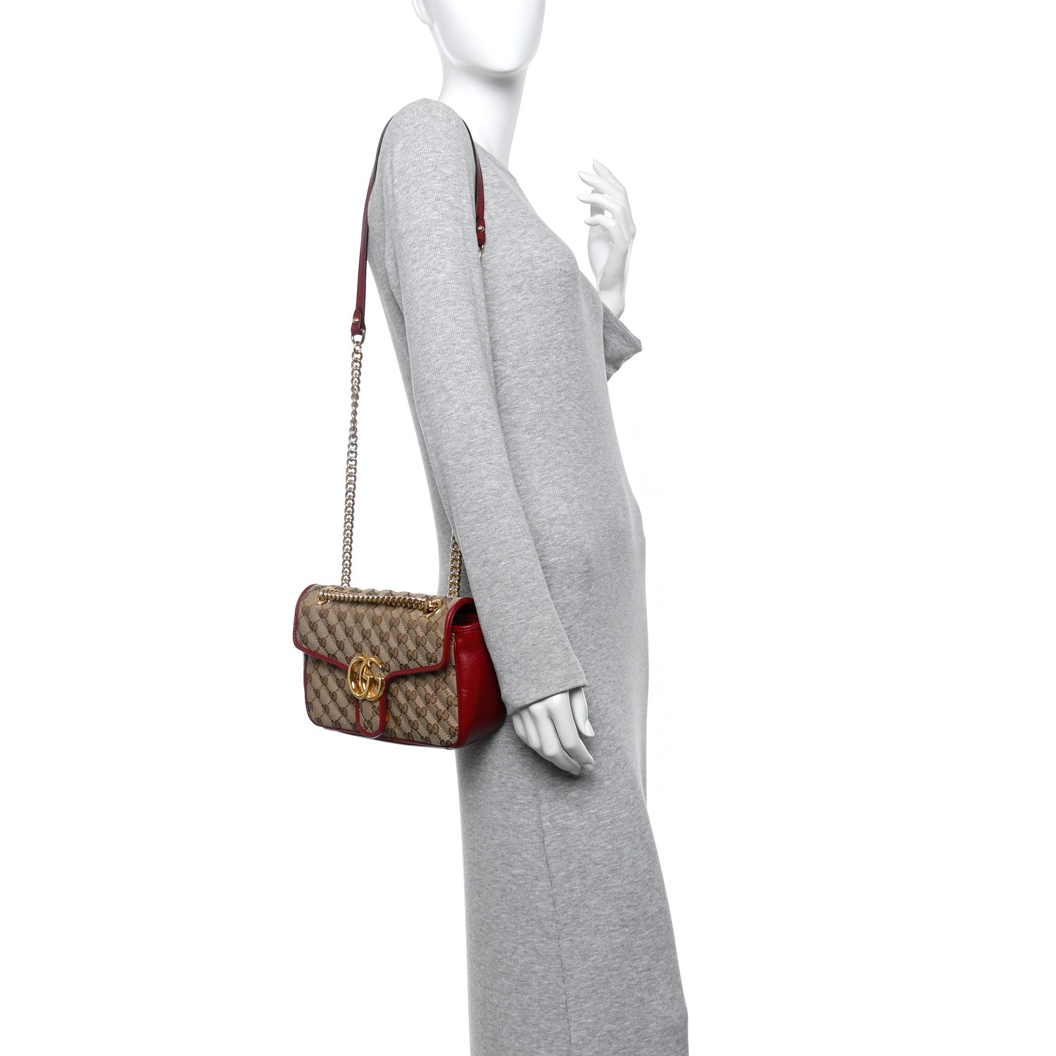 Monogram Azalea Calfskin Matelasse Diagonal Mini GG Marmont Shoulder Bag Beige Ebony New Cherry Red
