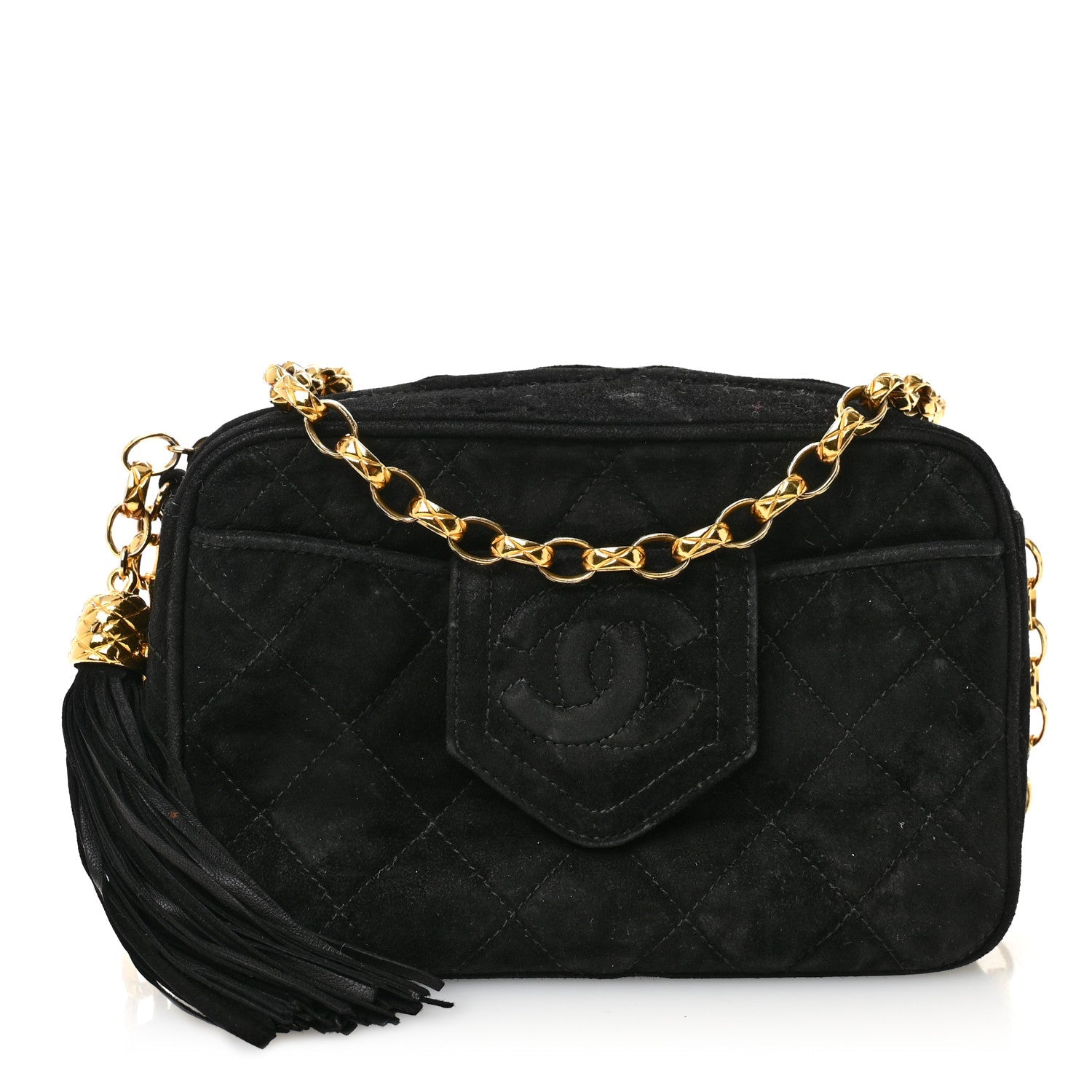 Suede Quilted CC Tassel Camera Case  Black