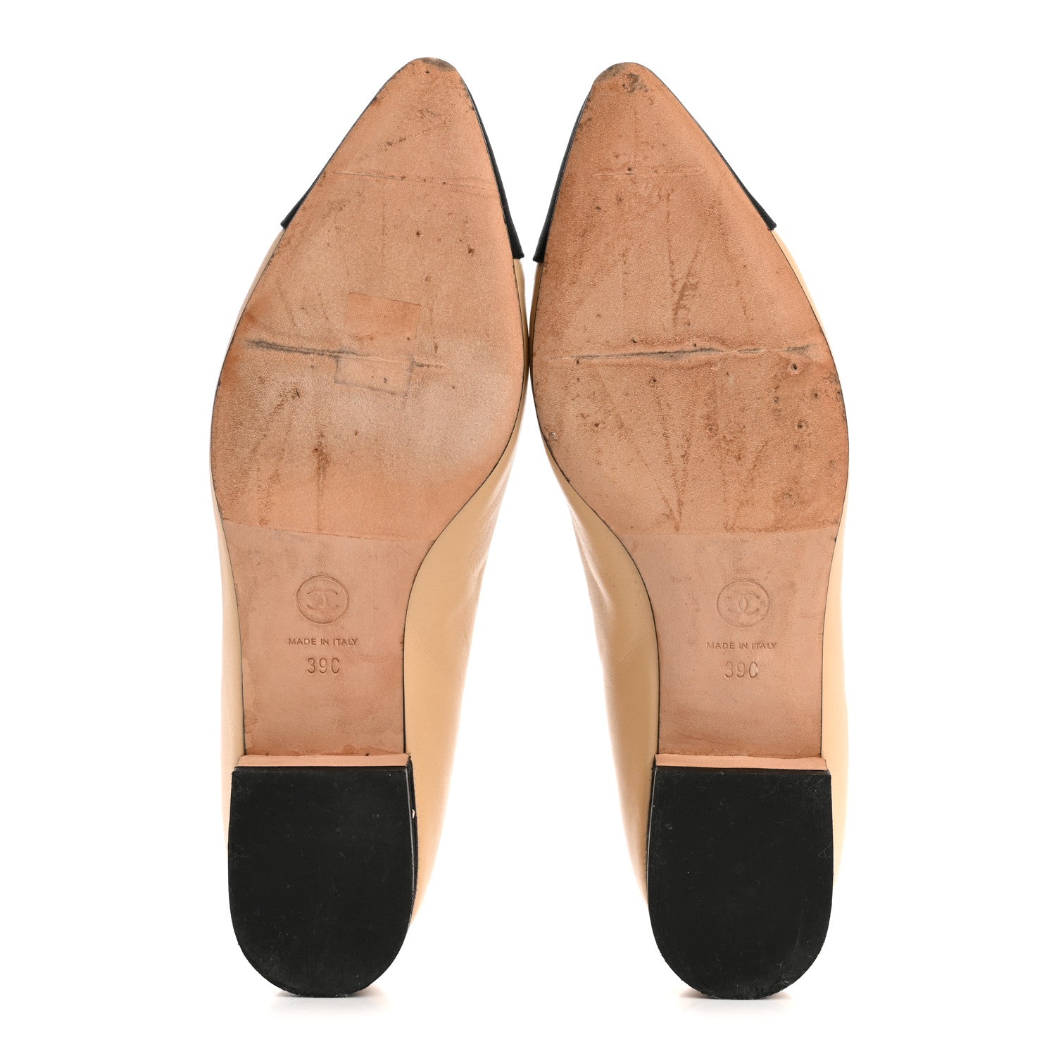 Lambskin Grossgrain Cap Toe Chain CC Flats 39 Beige Black