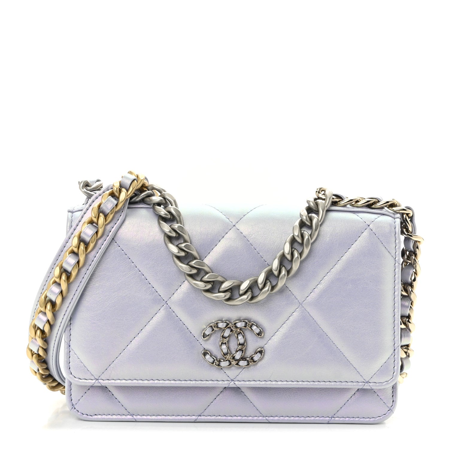 Iridescent Calfskin Quilted Chanel 19 Wallet On Chain WOC Light Purple