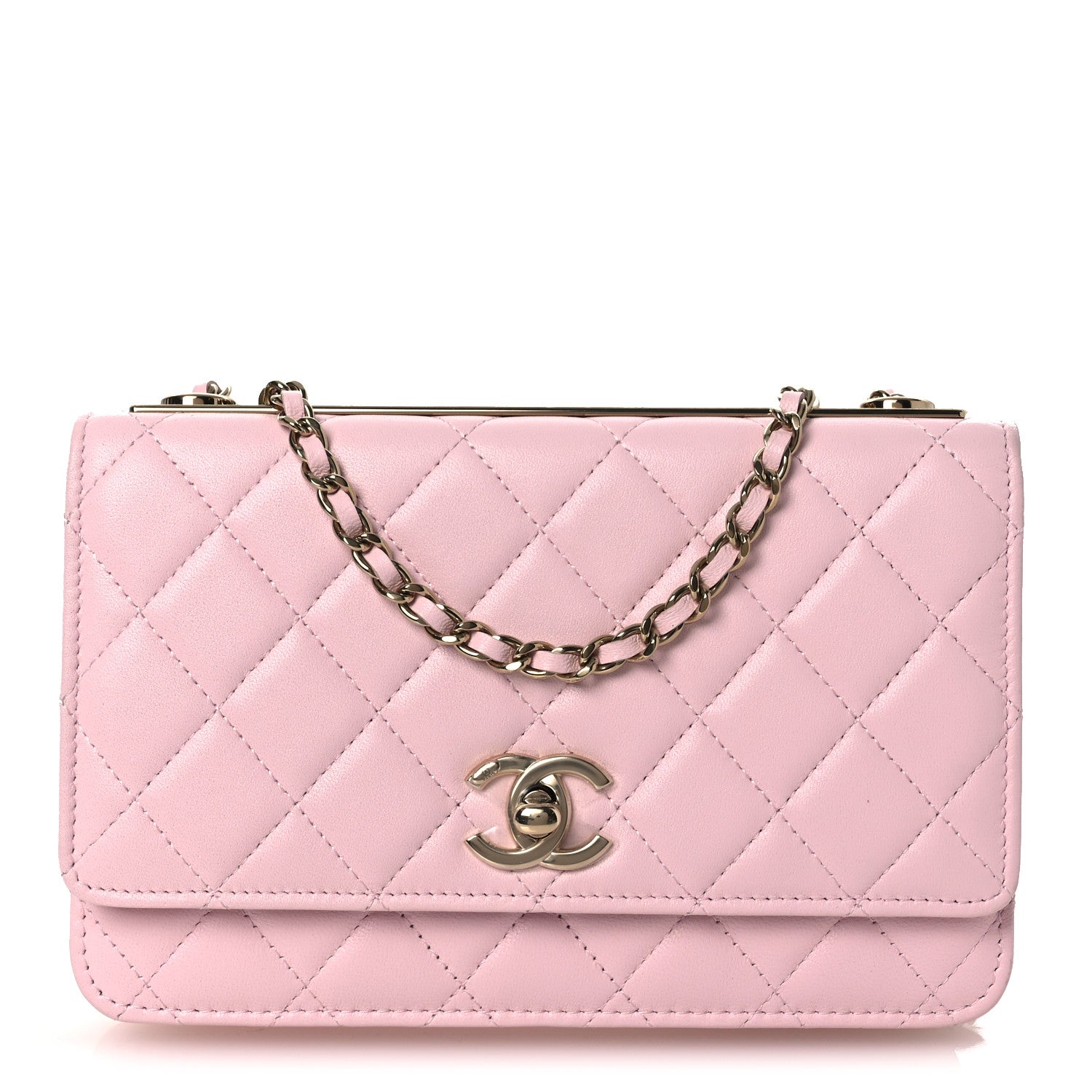 Lambskin Quilted Trendy Chain CC Wallet On Chain WOC Light Pink