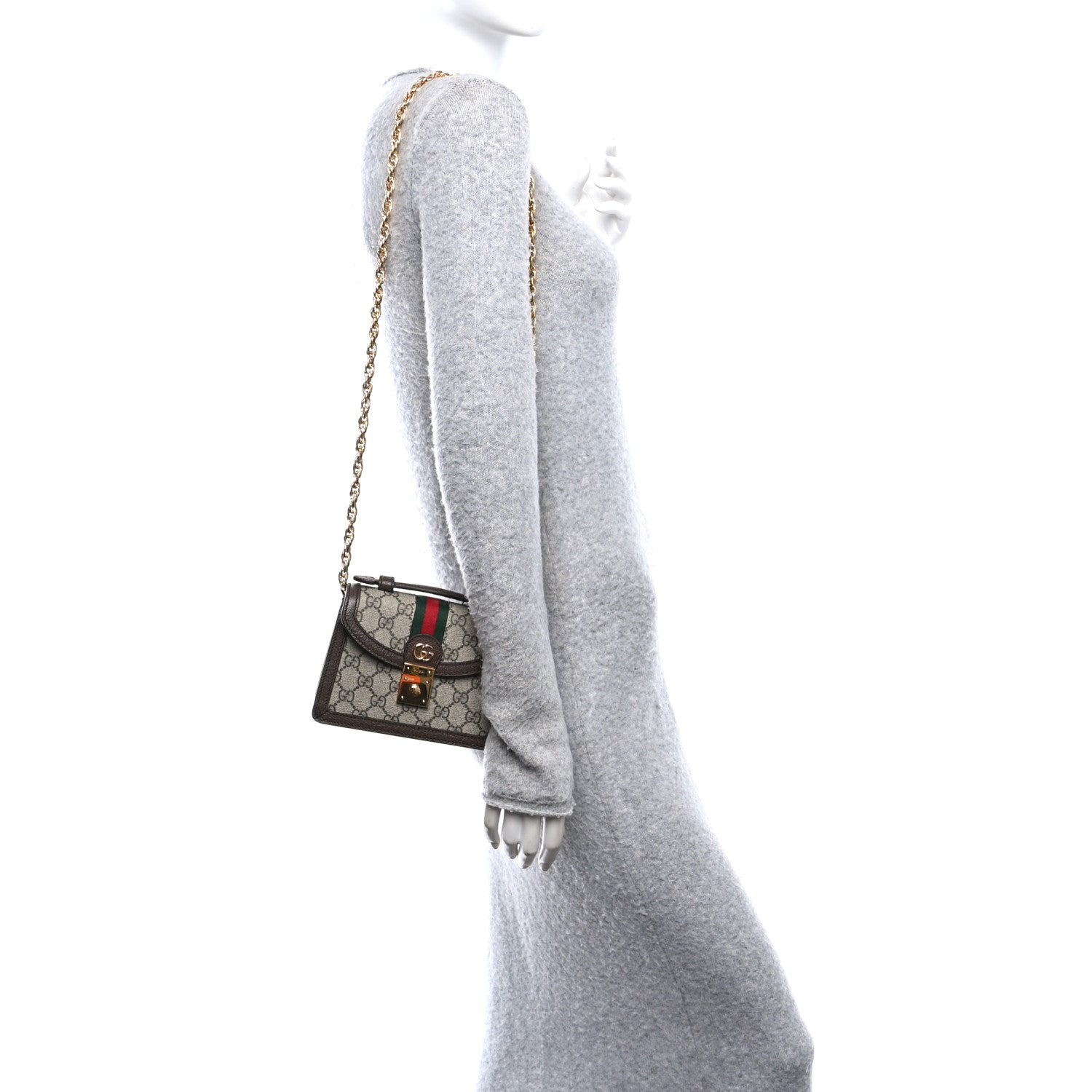 GG Supreme Monogram Textured Dollar Calfskin Web Mini Ophidia Padlock Top Handle Chain Shoulder Bag Beige Ebony New Acero