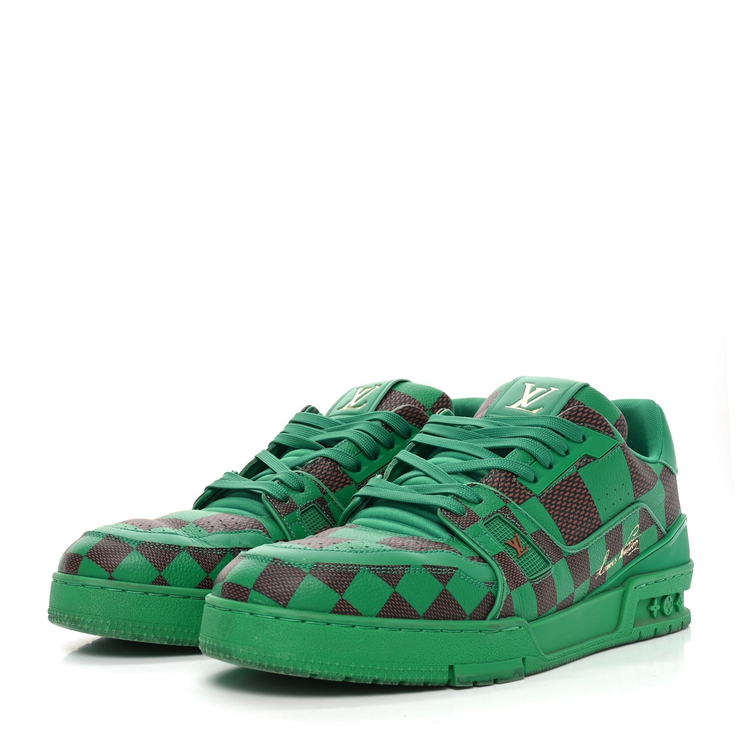 Damier Pop Grained Calfskin Mens LV Trainer Sneakers 10 Green