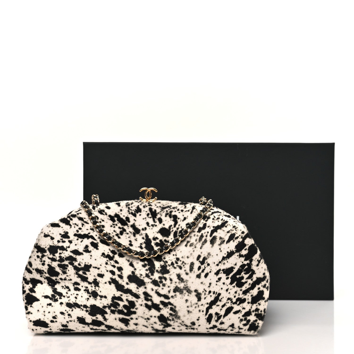 Lambskin Pony Hair Printed Clutch With Chain Black White
