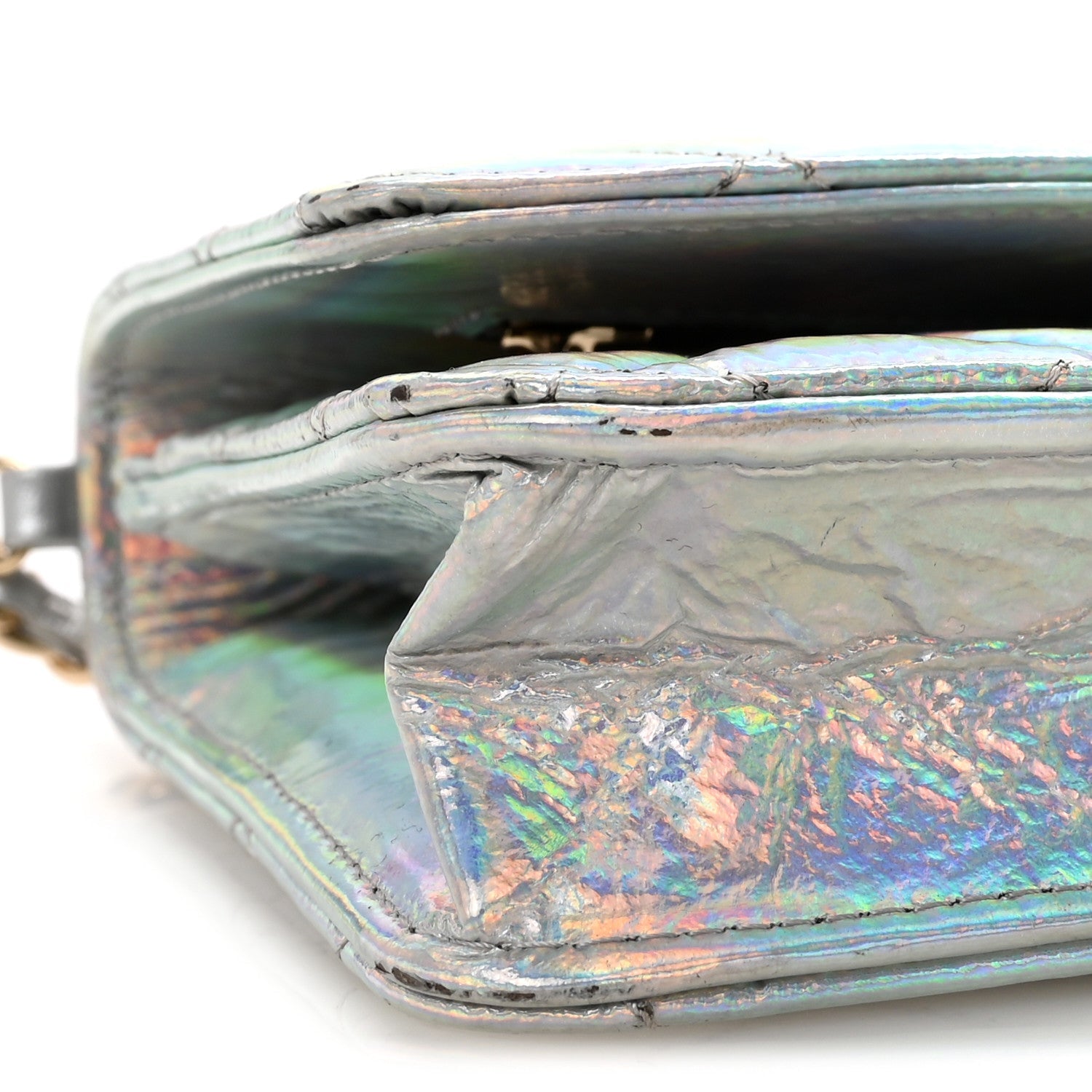 Iridescent Goatskin Quilted Wallet On Chain WOC Silver