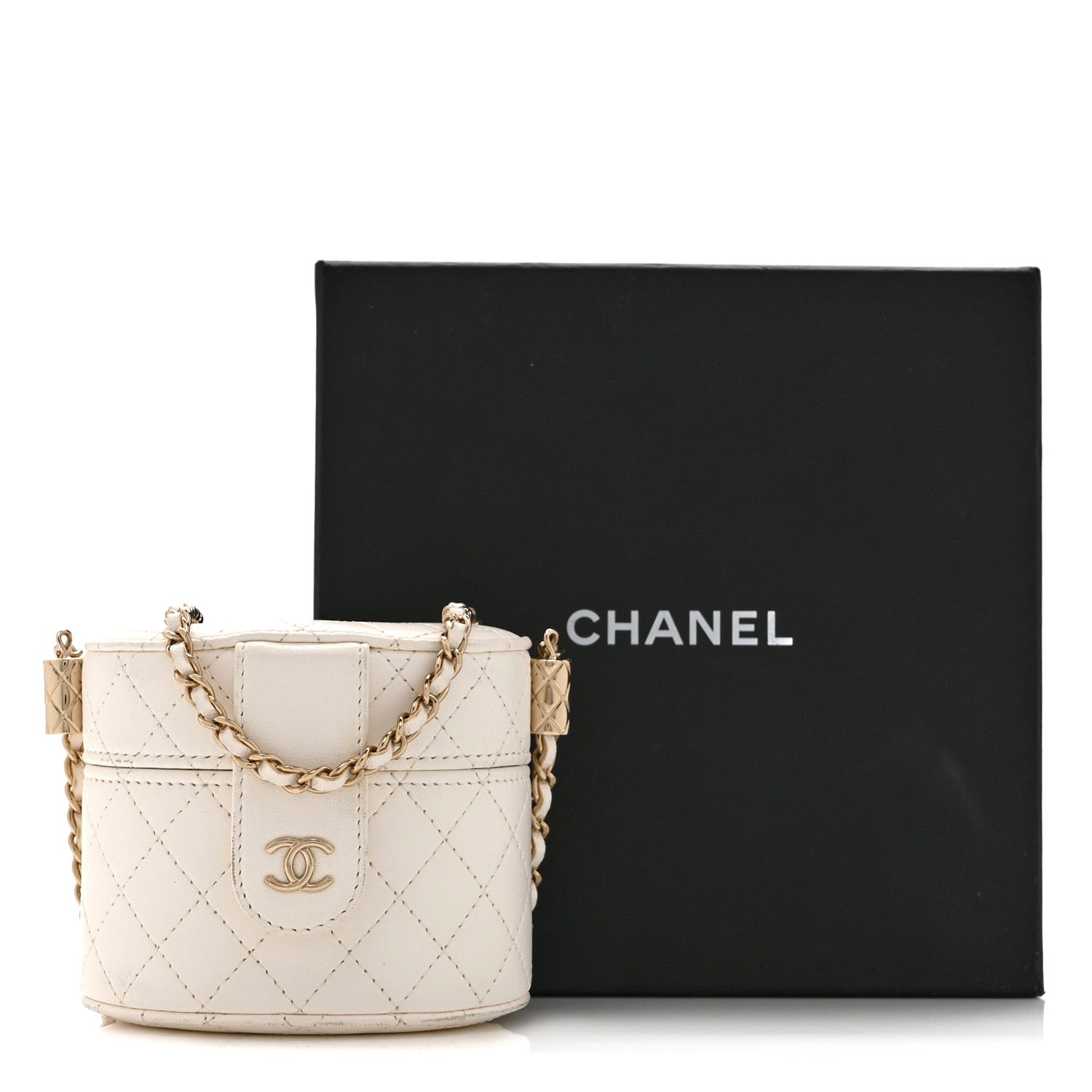 Lambskin Quilted Round Mini Vanity Case With Chain Case With Chain White