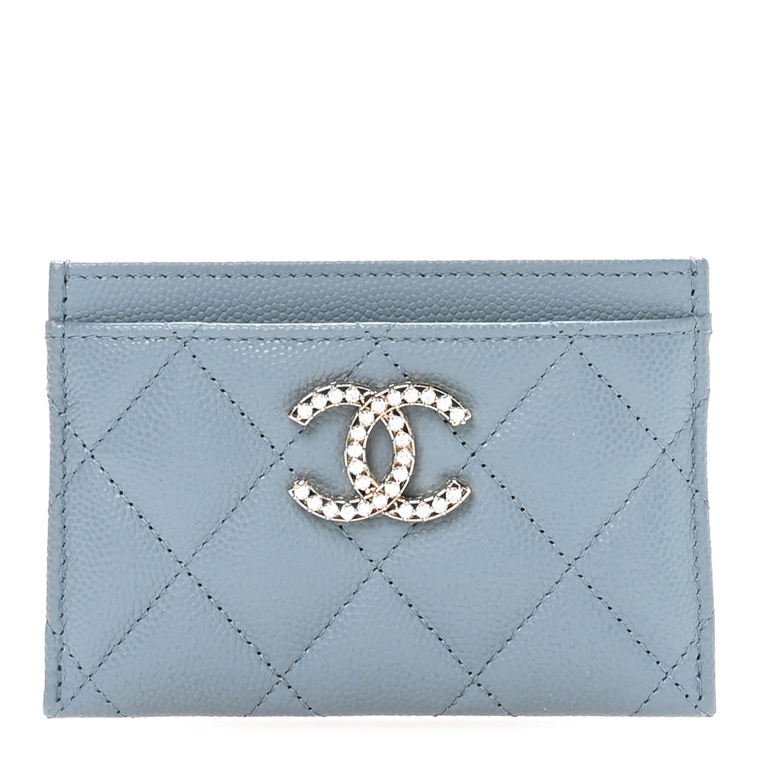 Caviar Quilted Crystal Card Holder Light Blue