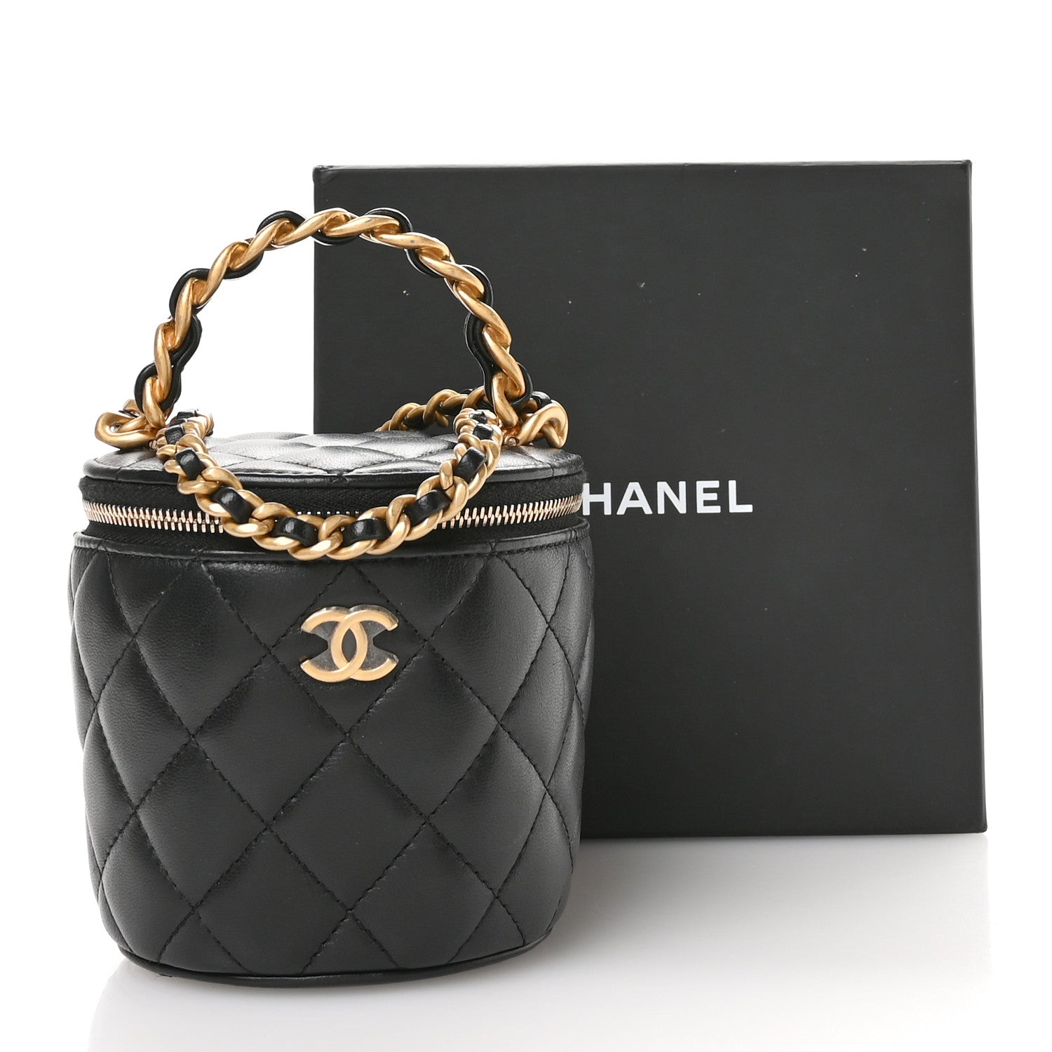 Lambskin Quilted Afternoon Tea Top Handle Vanity Case With Chain Black