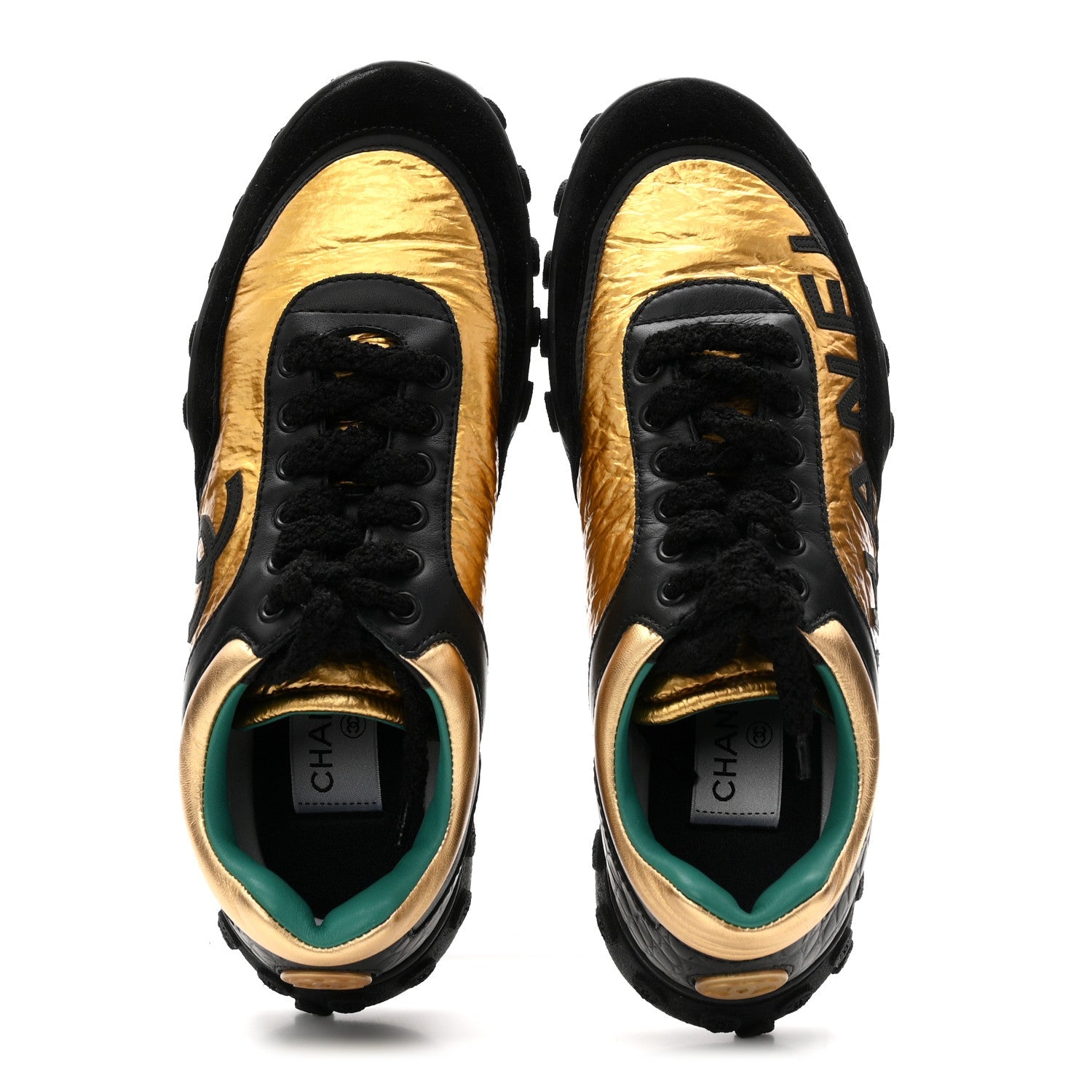 Metallic Fabric Calfskin Suede Crocodile Embossed CC Sneakers 38.5 Black Gold