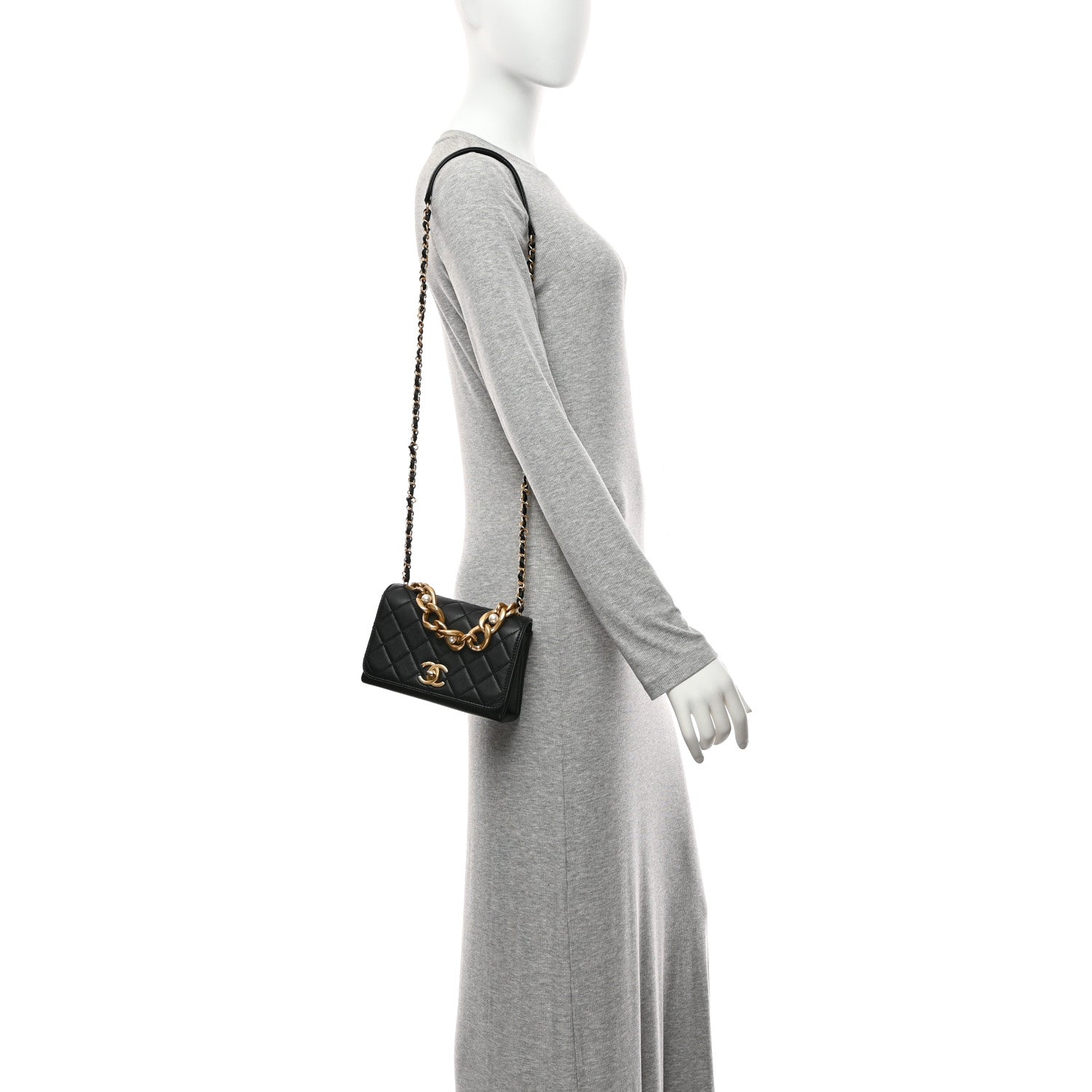 Calfskin Quilted Pearl Jewel Chain Flap Black