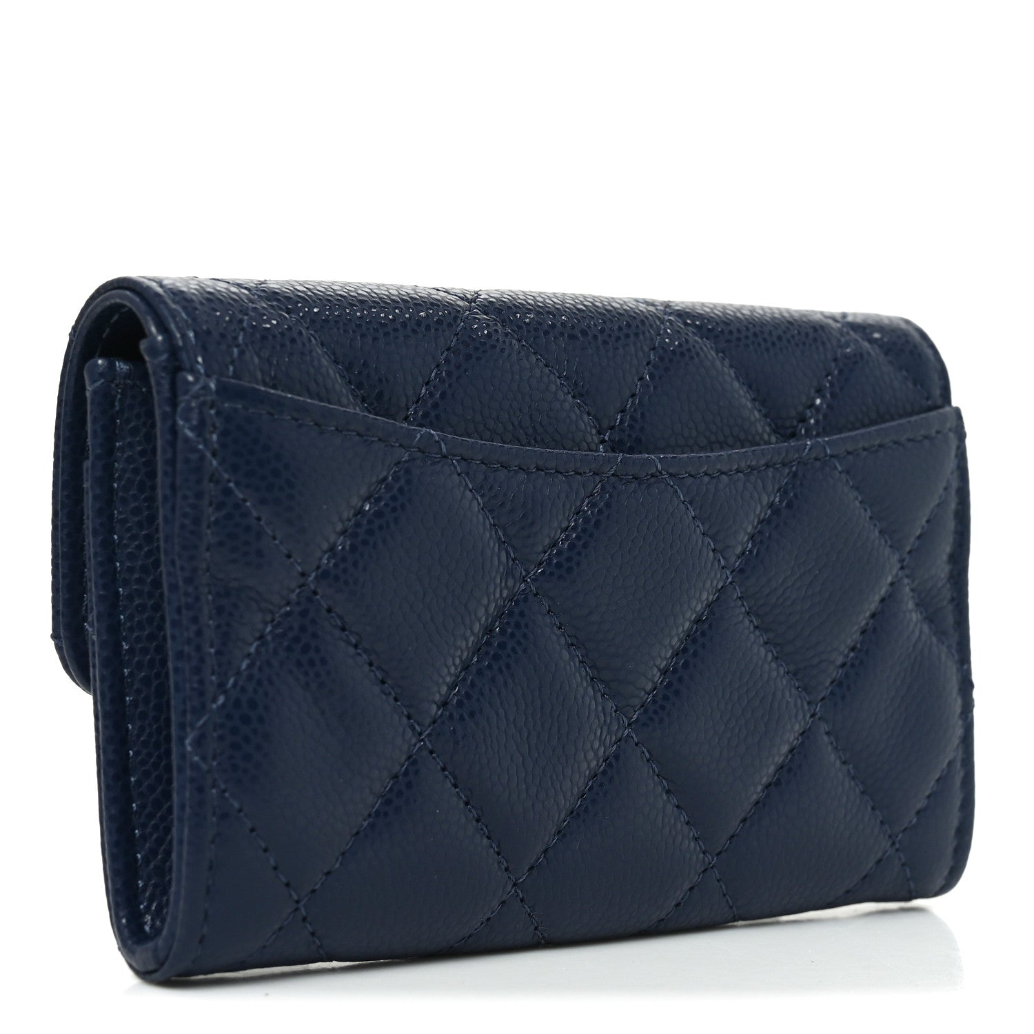 Caviar Quilted Flap Card Holder Wallet Navy Blue