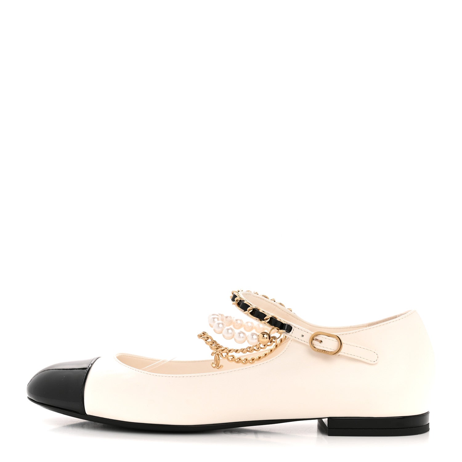 Shiny Lambskin Pearl Cap Toe Ankle Chain Ballerina Flats 38 White Black