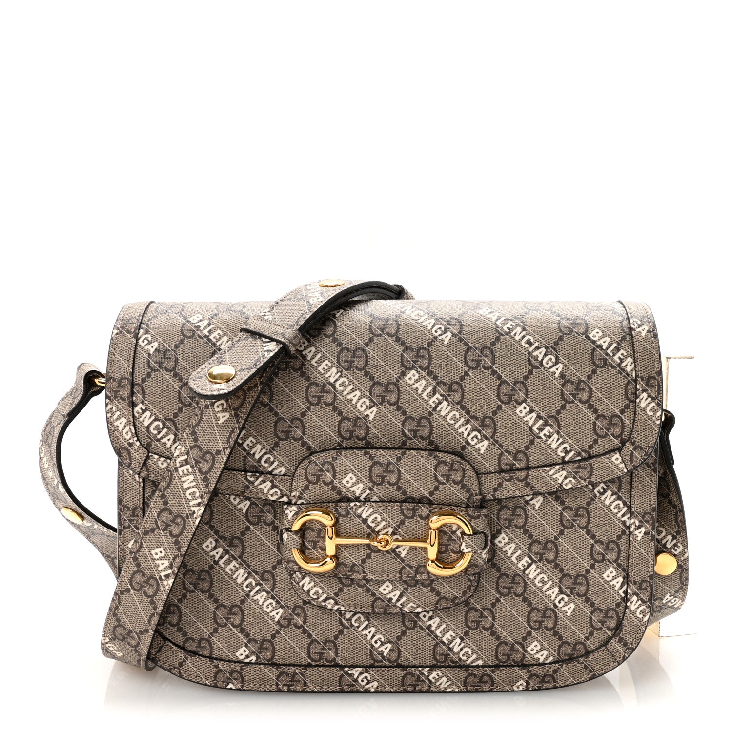 X BALENCIAGA GG Supreme Monogram Logo Print Horsebit 1955 Shoulder Bag Beige Ebony