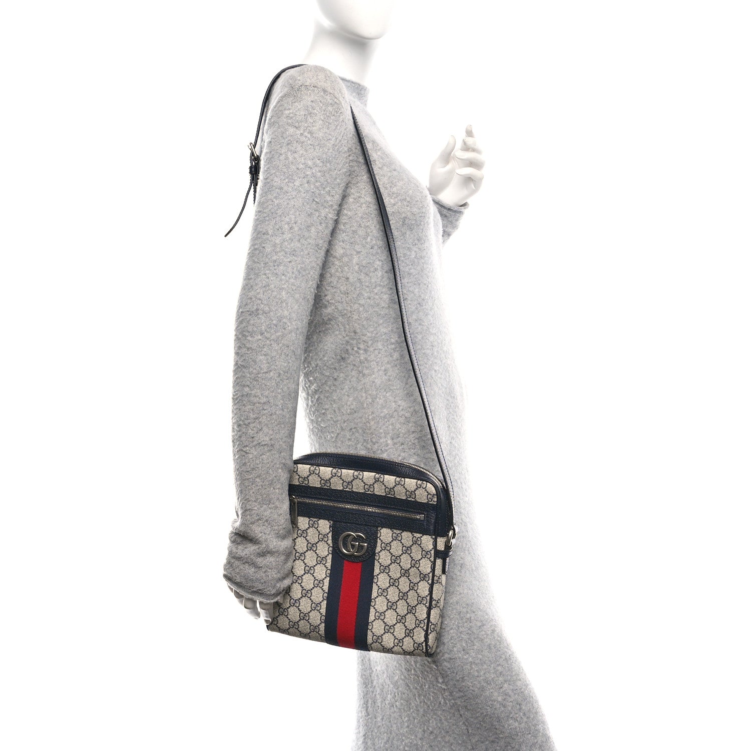 GG Supreme Monogram Textured Dollar Calfskin Web Small Ophidia Messenger Bag Beige Blue