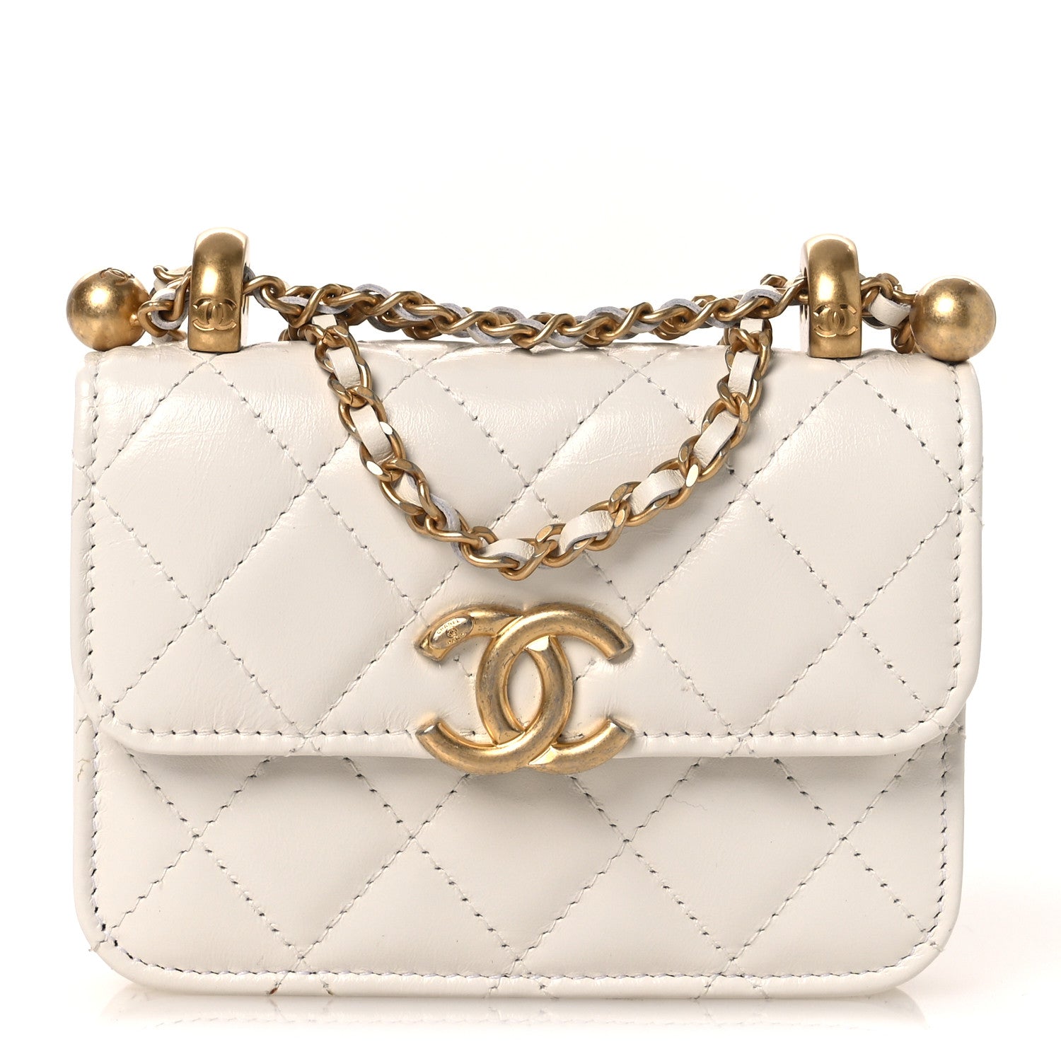 Calfskin Quilted Perfect Fit Coin Purse With Chain White