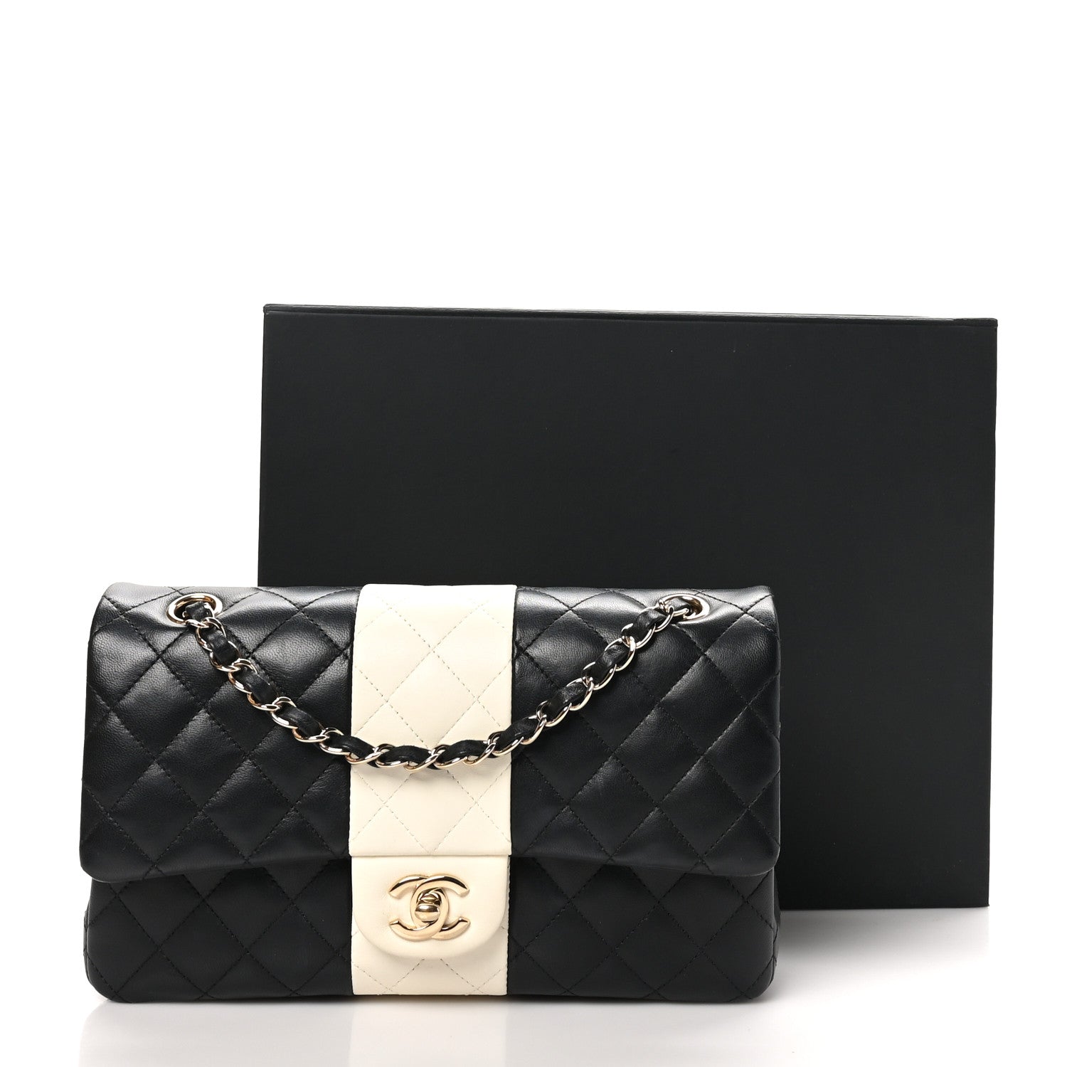 Lambskin Quilted Medium Double Flap Black White