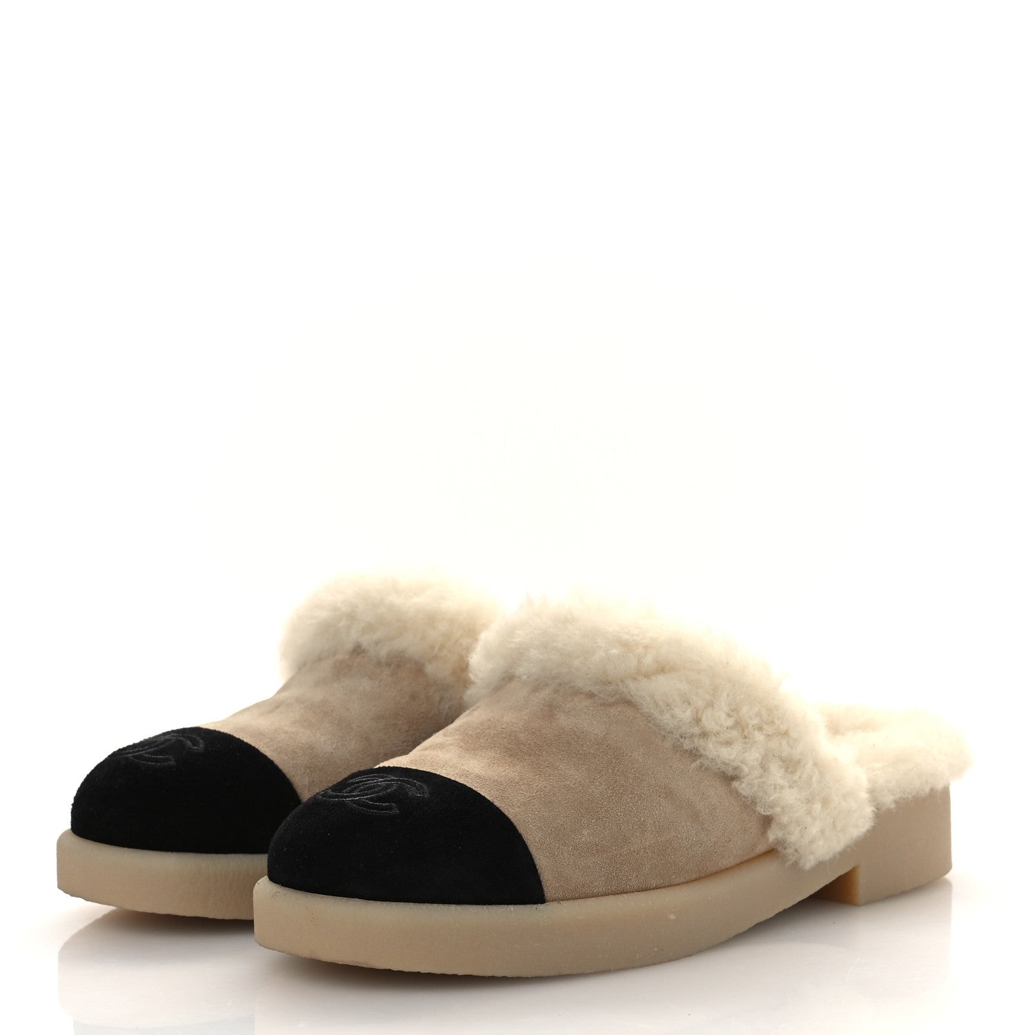 Suede Shearling CC Cap Toe Mules 38.5 Beige Black