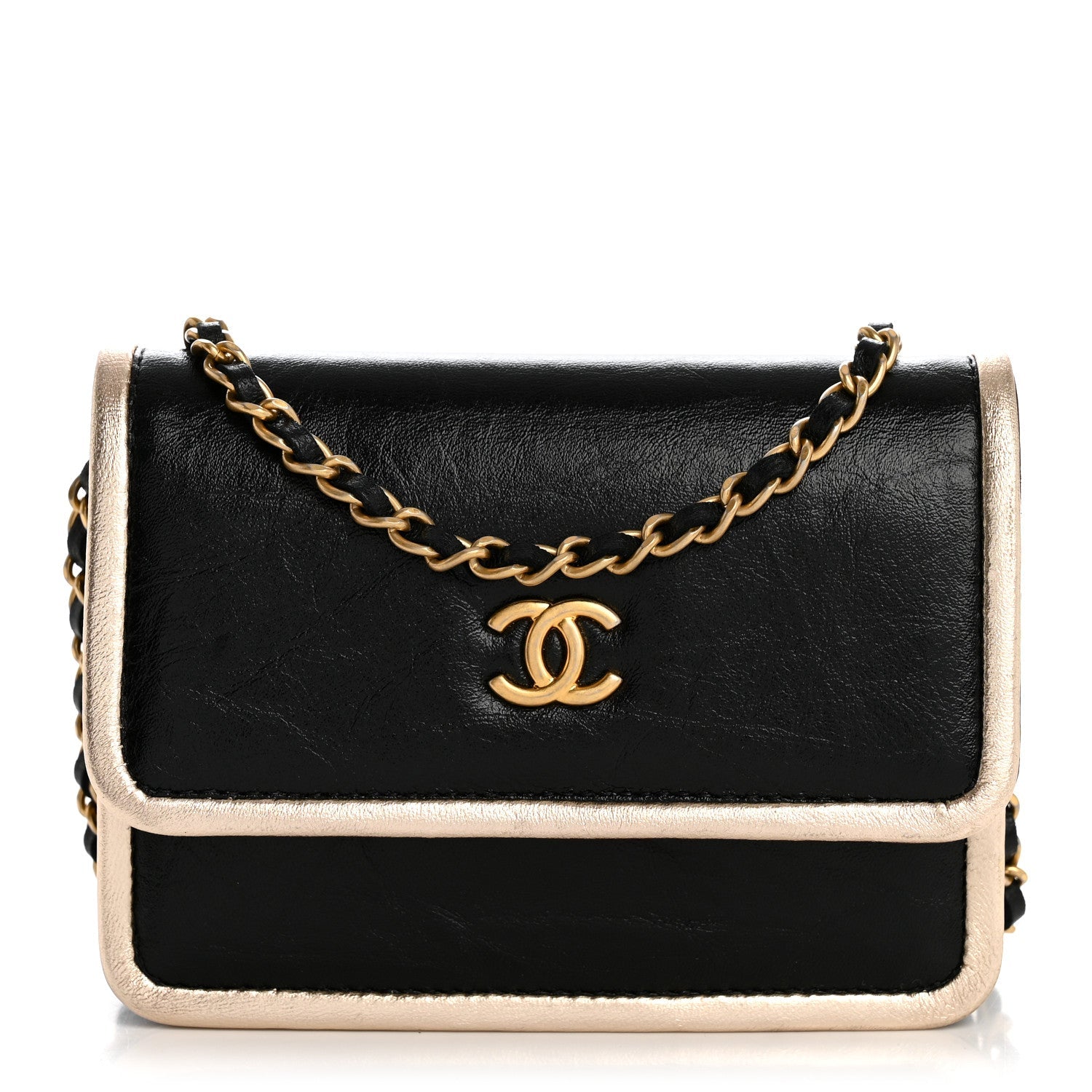 Metallic Calfskin Clutch With Chain Black Gold