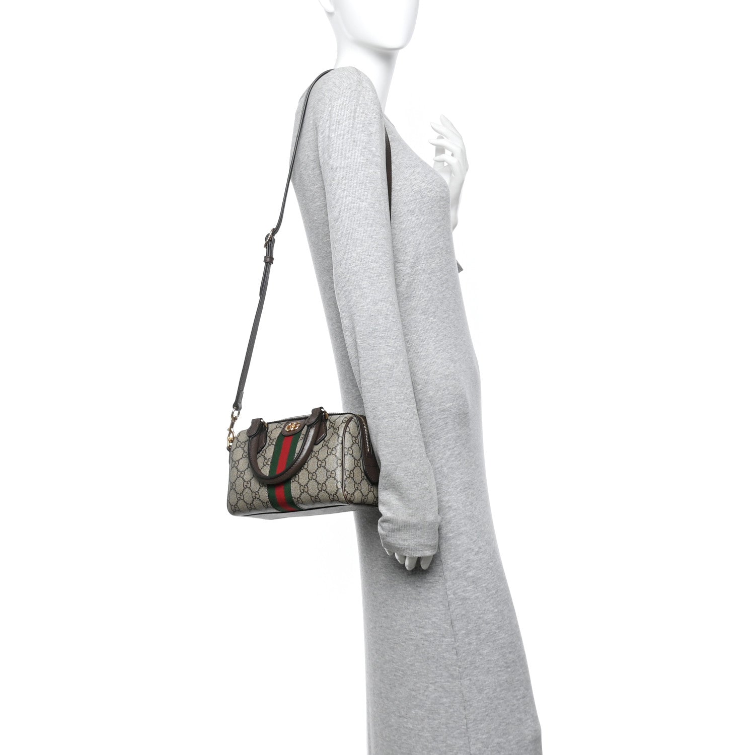 GG Supreme Monogram Textured Dollar Calfskin Web Mini Ophidia Top Handle Bag Beige Ebony New Acero