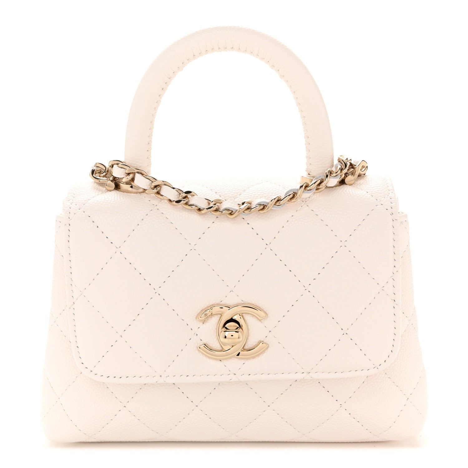 Caviar Quilted Coco Handle Clutch With Chain White