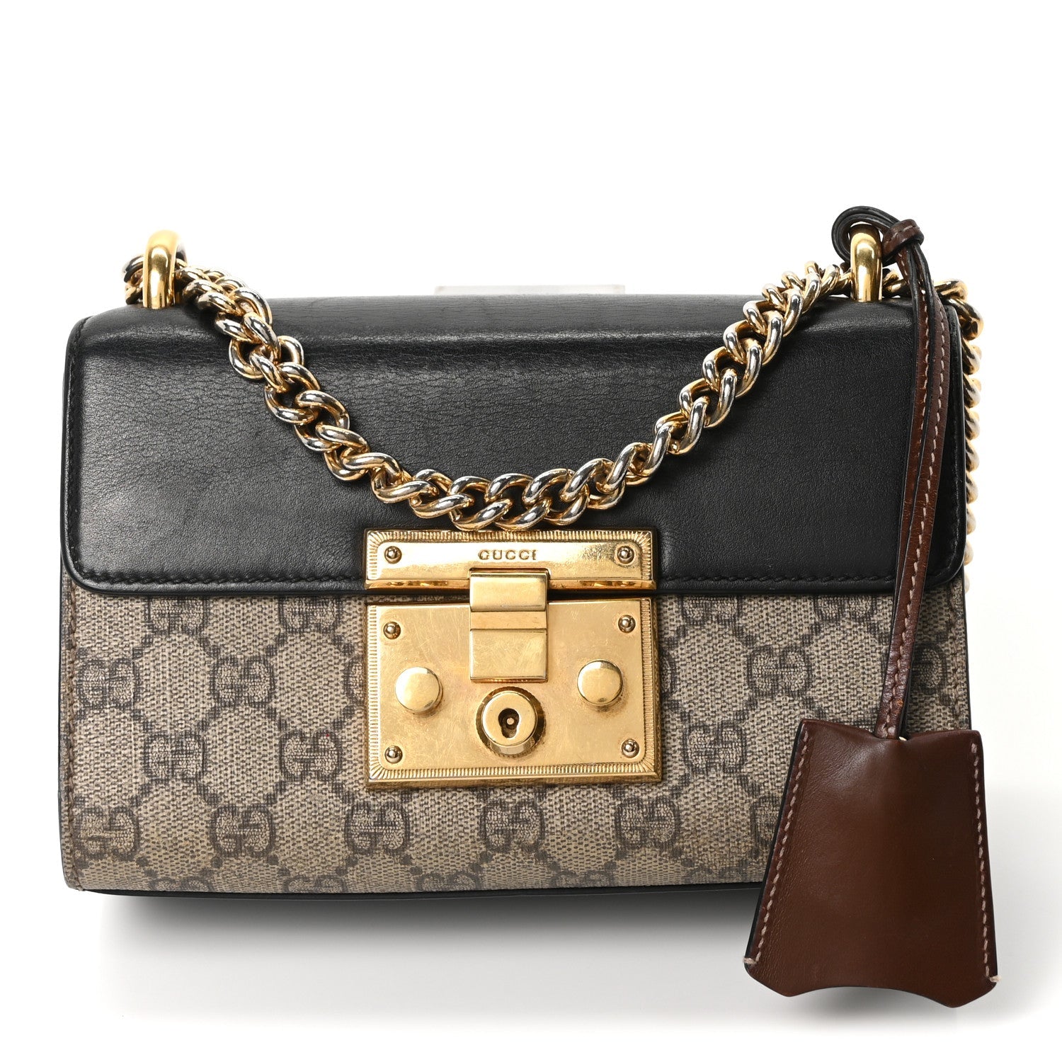 GG Supreme Monogram Calfskin Small Padlock Shoulder Bag Beige Black Cuir