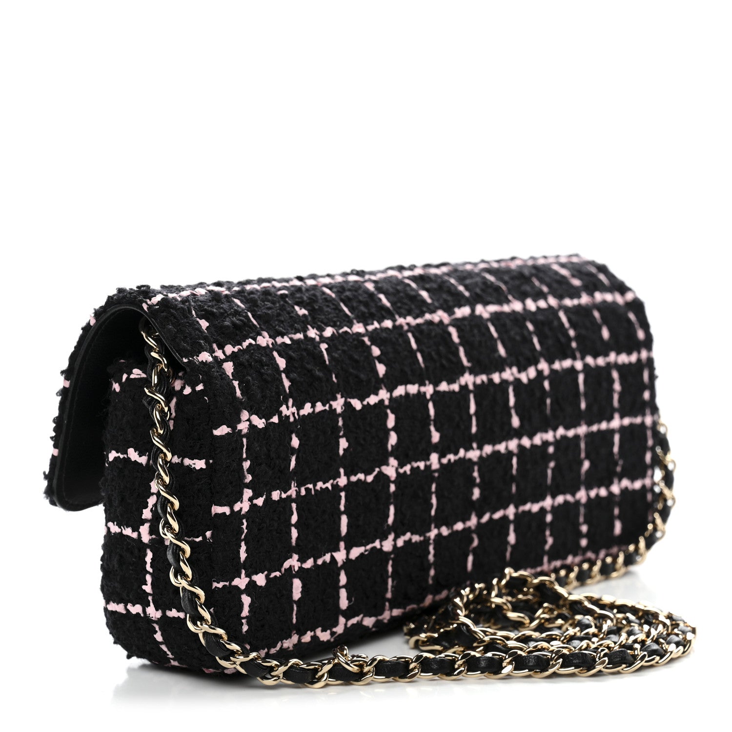 Tweed Quilted East West Camellia Clutch Black Pink