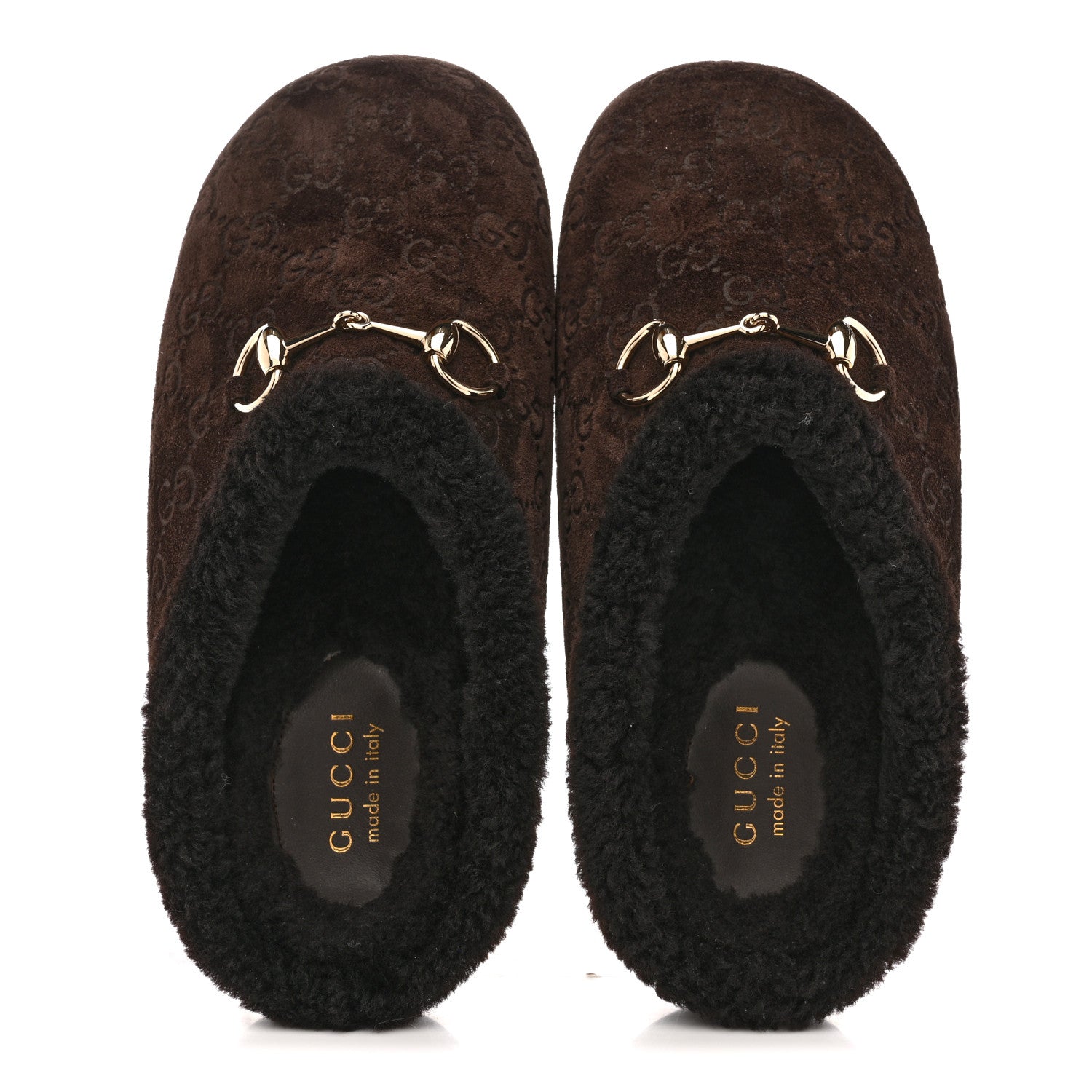 Suede GG Debossed Shearling Womens Horsebit Mules 36 Dark Brown