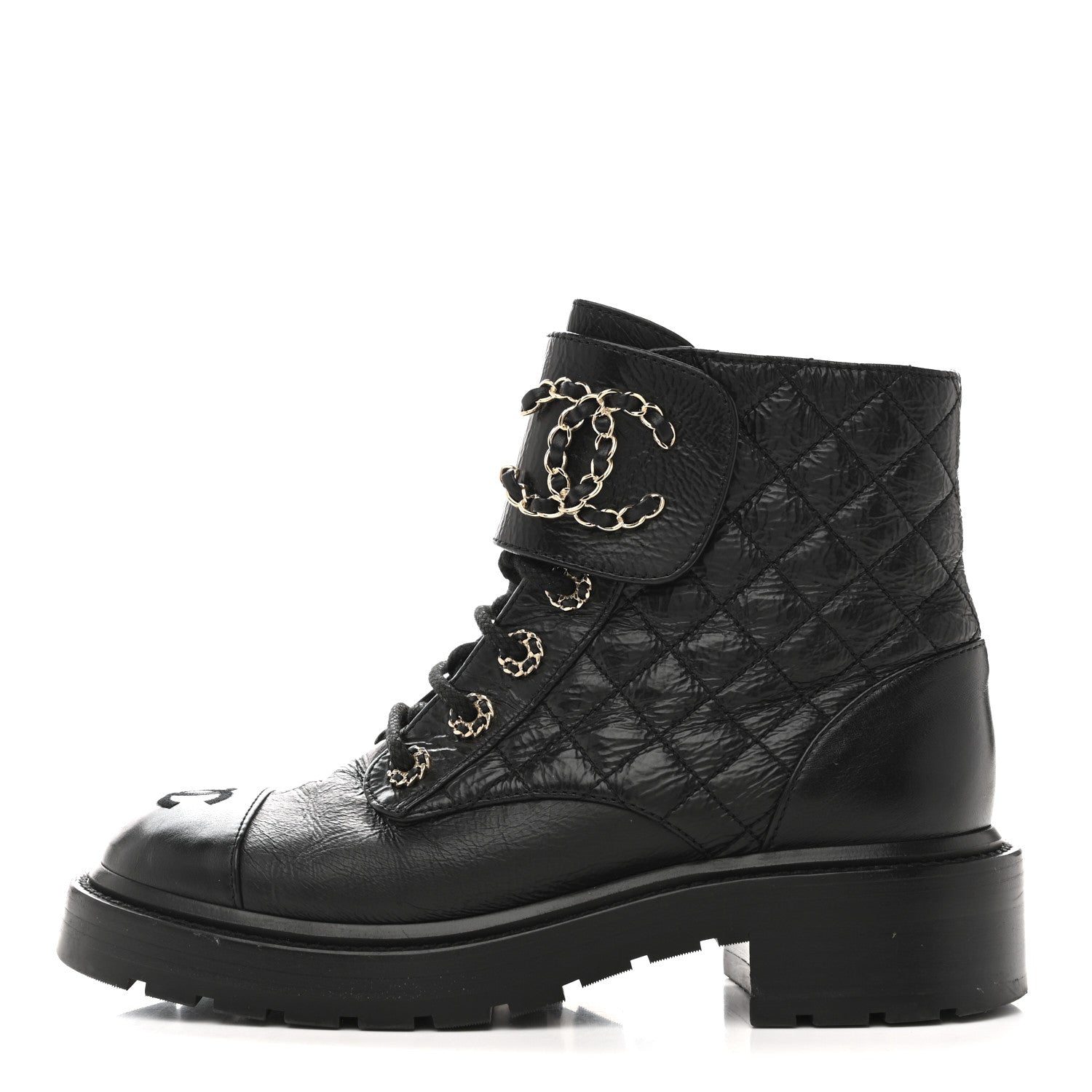 Shiny Goatskin Calfskin Quilted Lace Up Combat Boots 37 Black