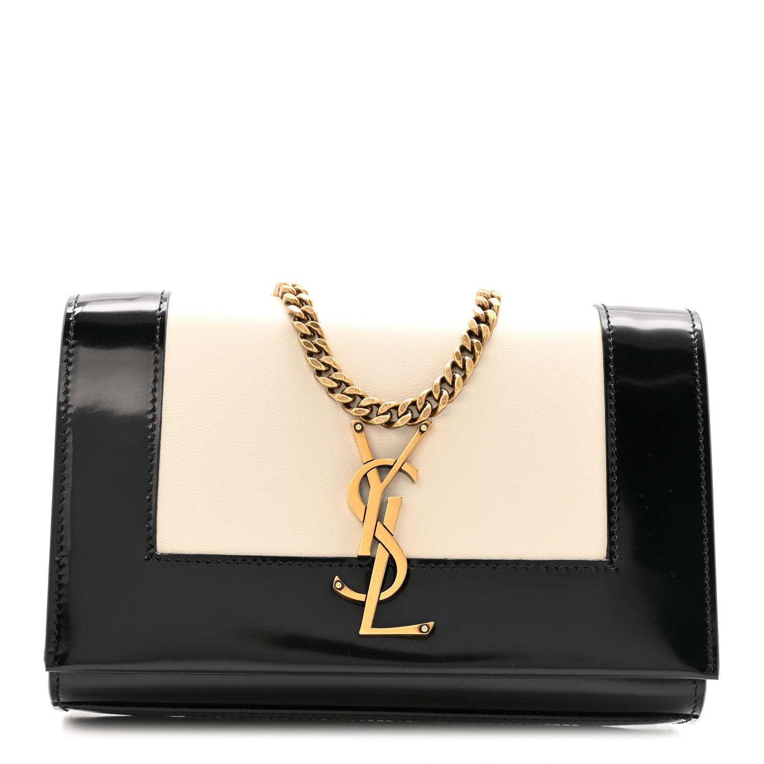 Nappa Patent Calfskin Two-Toned Small Monogram Kate Satchel Alabastro Black