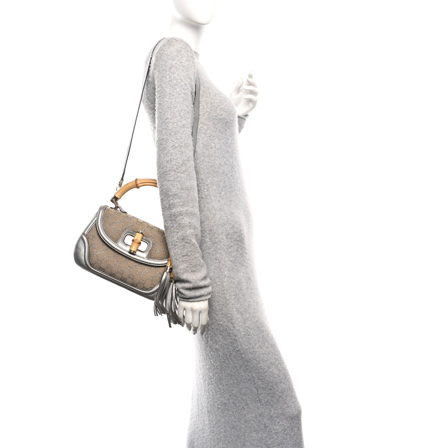 Monogram Metallic Calfskin Medium New Bamboo Top Handle Bag Silver Beige