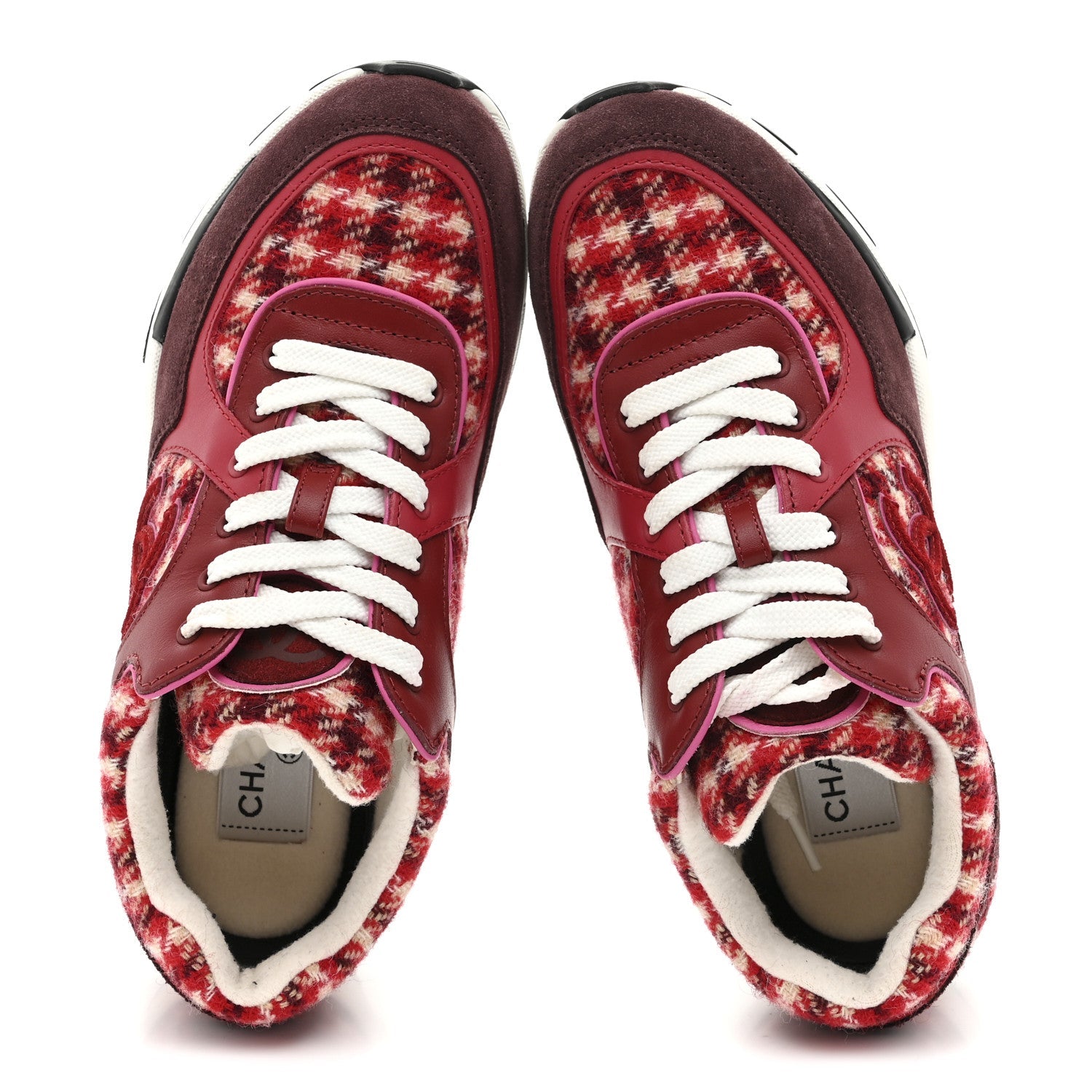 Wool Tweed Suede Calfskin Womens CC Sneakers 36 Red White Dark Brown Burgundy