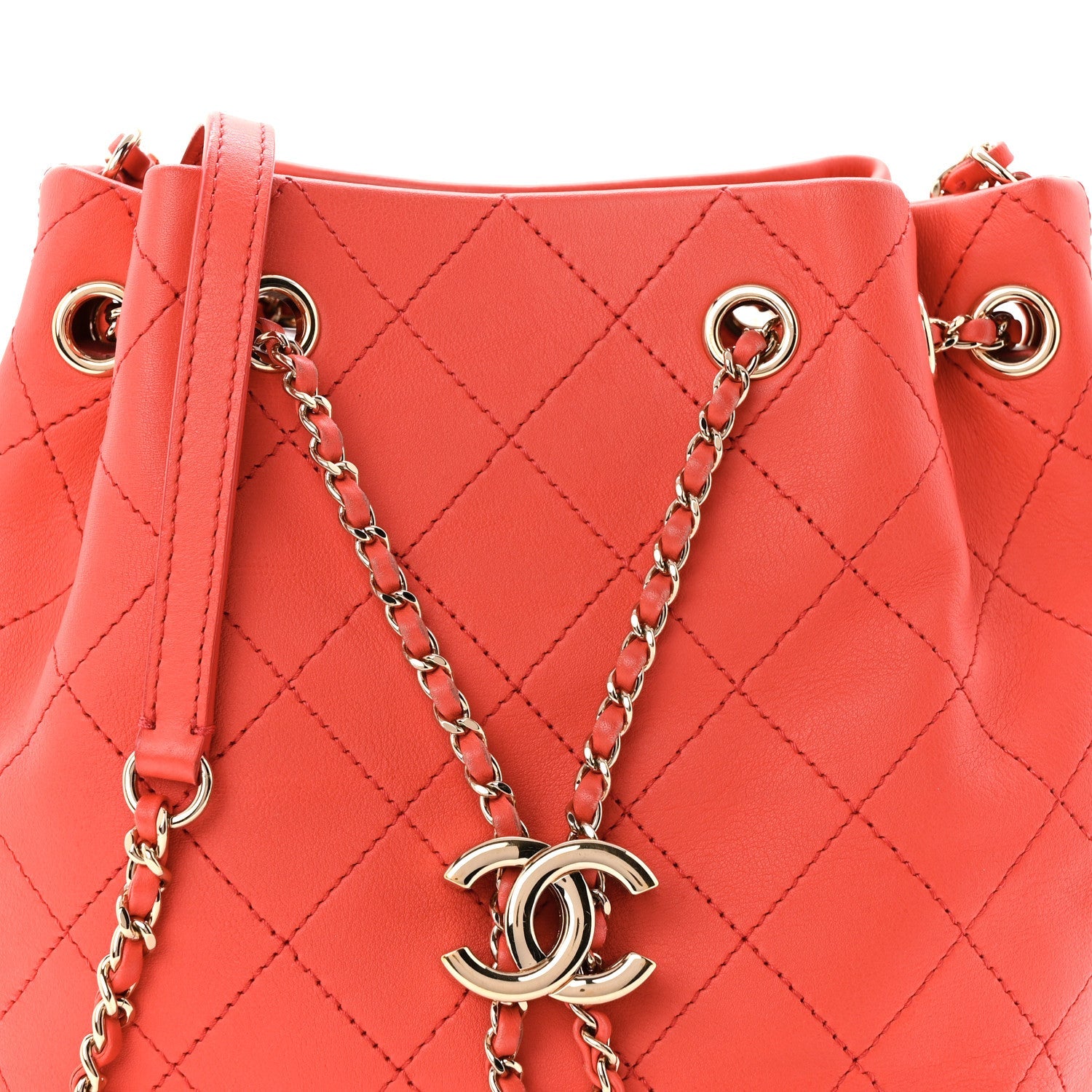 Calfskin Stitched Chain Bucket Bag Coral